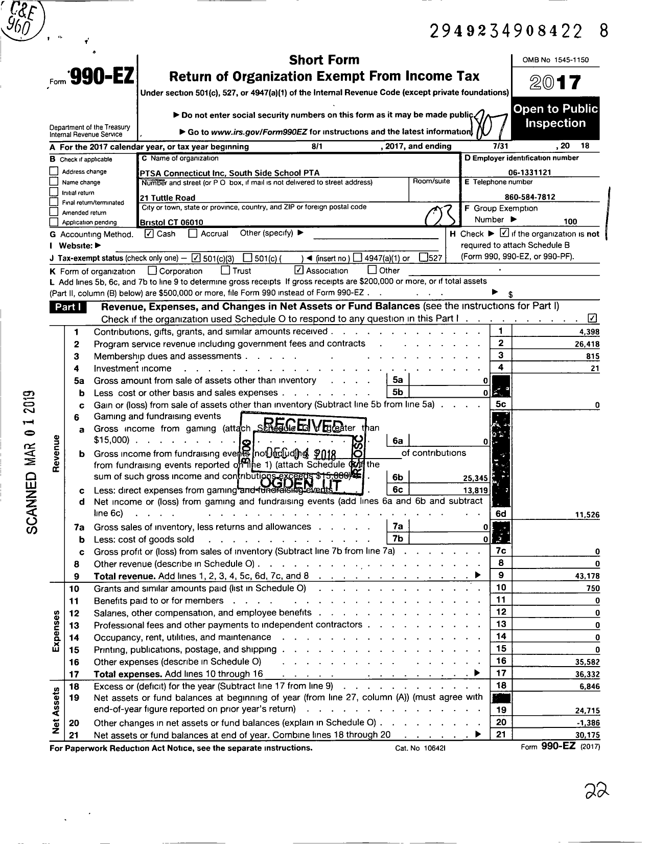 Image of first page of 2017 Form 990EZ for CT PTA - South Side School PTA