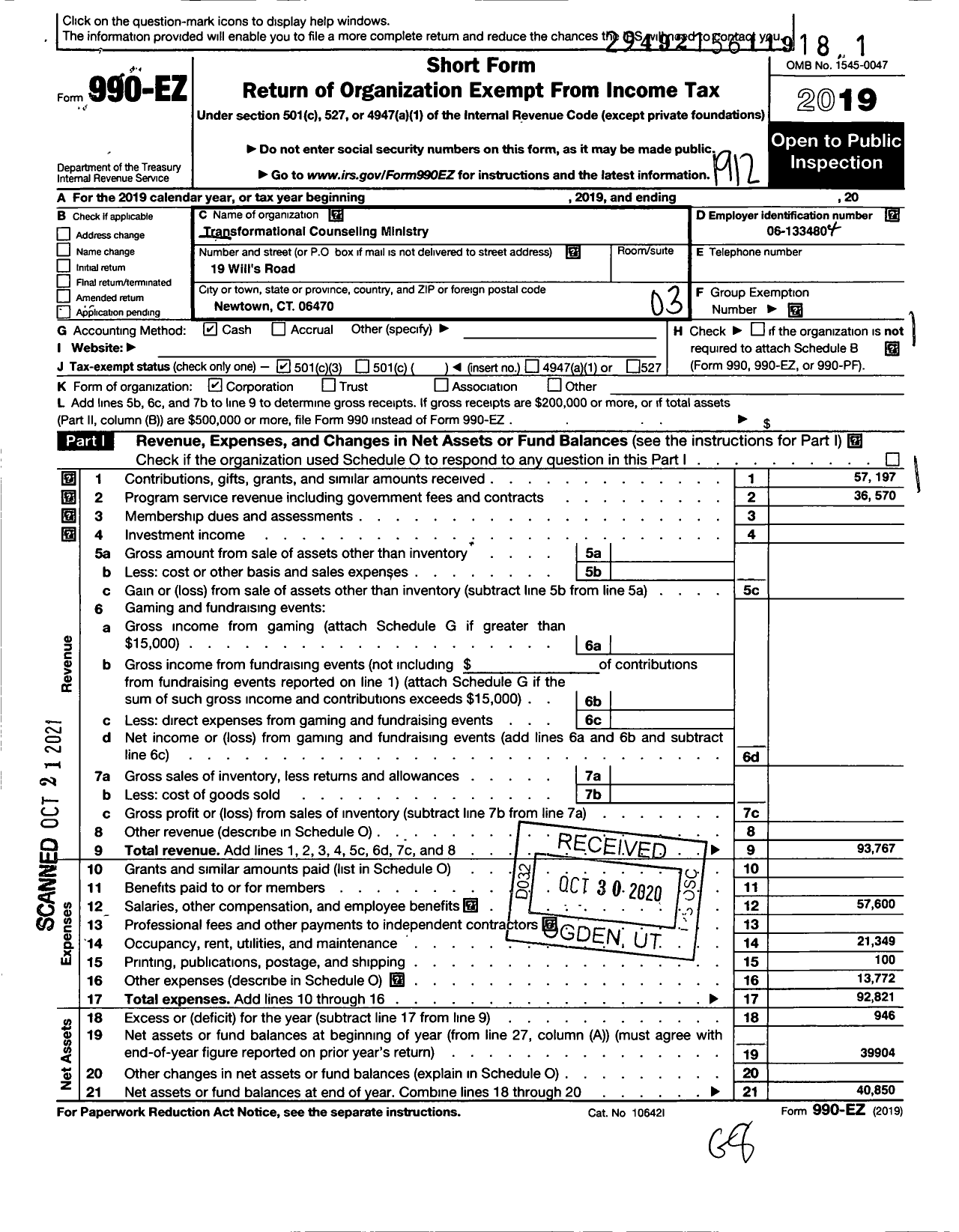 Image of first page of 2019 Form 990EZ for Transformation Ministry