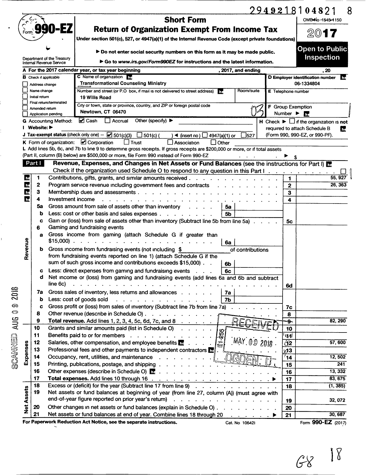 Image of first page of 2017 Form 990EZ for Transformation Ministry