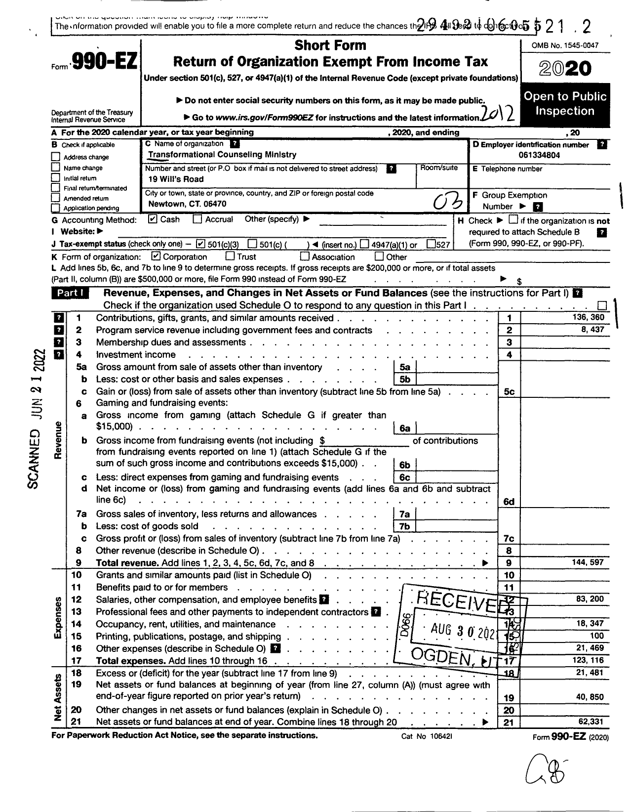 Image of first page of 2020 Form 990EZ for Transformation Ministry