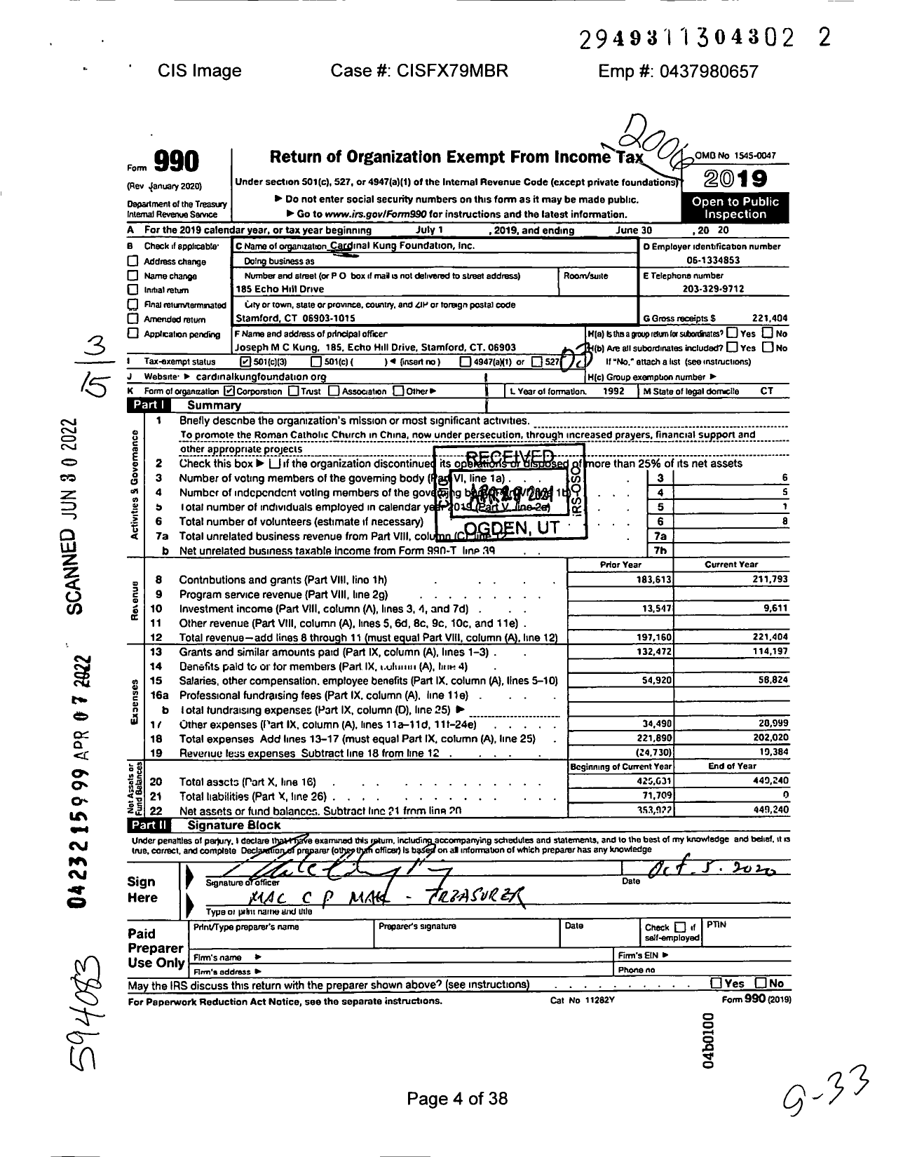 Image of first page of 2019 Form 990 for Cardinal Kung Foundation