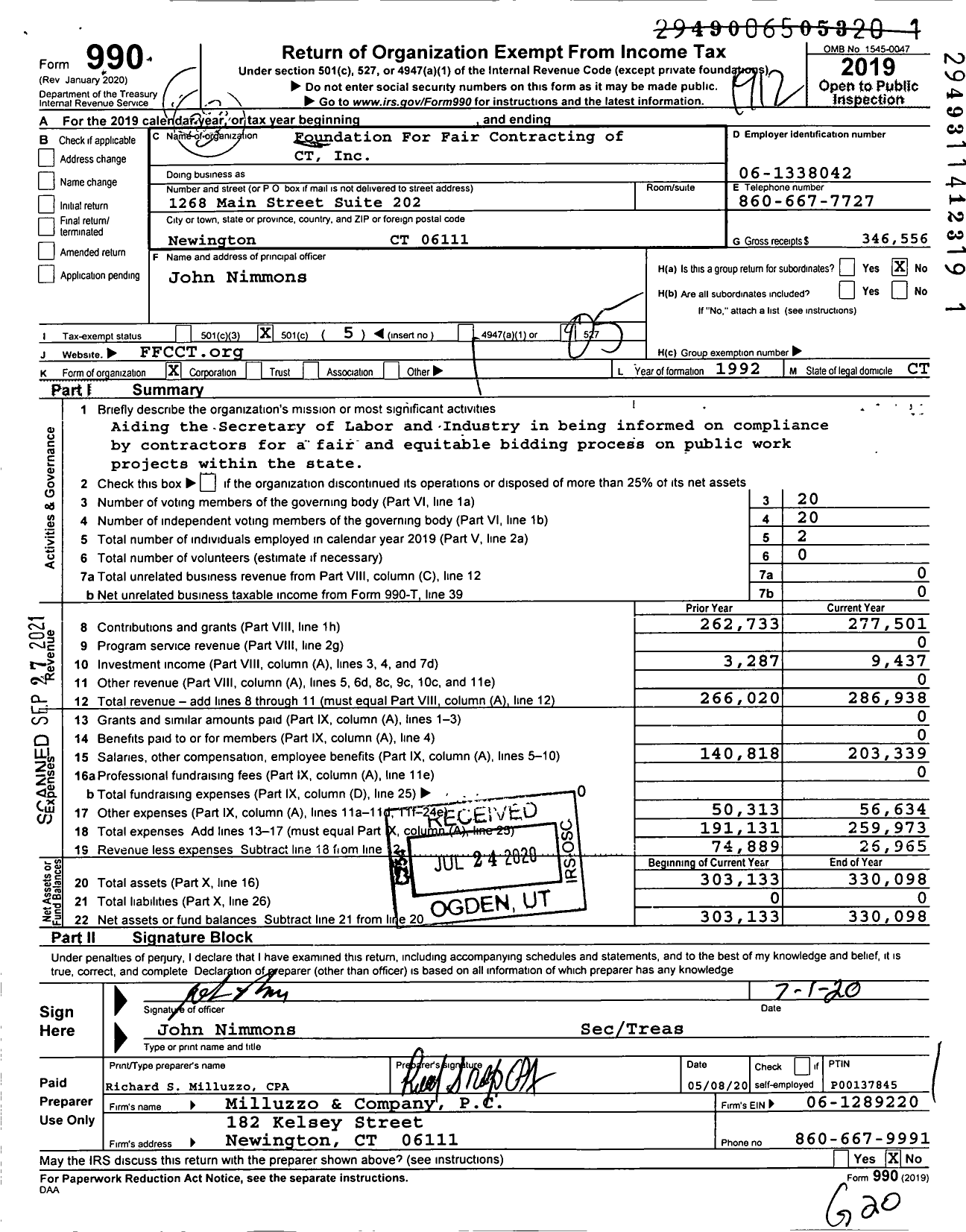 Image of first page of 2019 Form 990O for Foundation for Fair Contracting of Connecticut