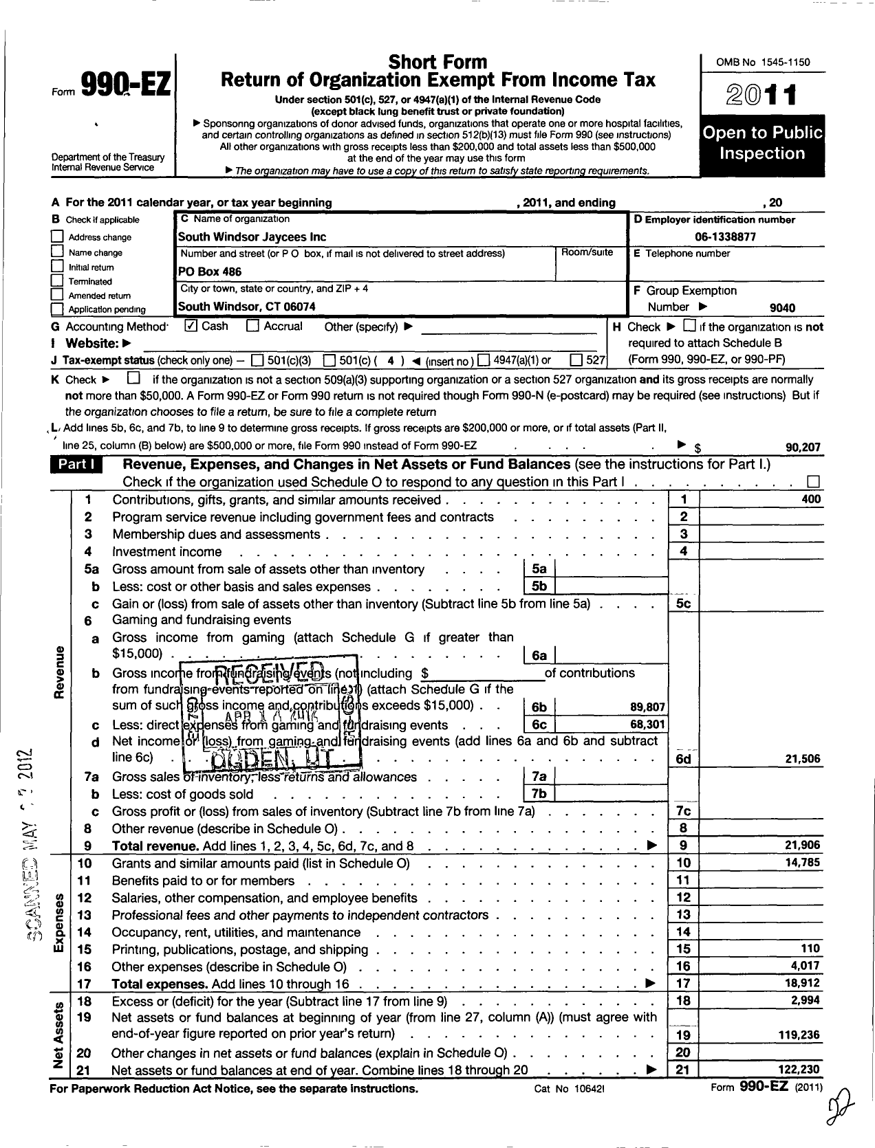 Image of first page of 2011 Form 990EO for Connecticut Jaycees