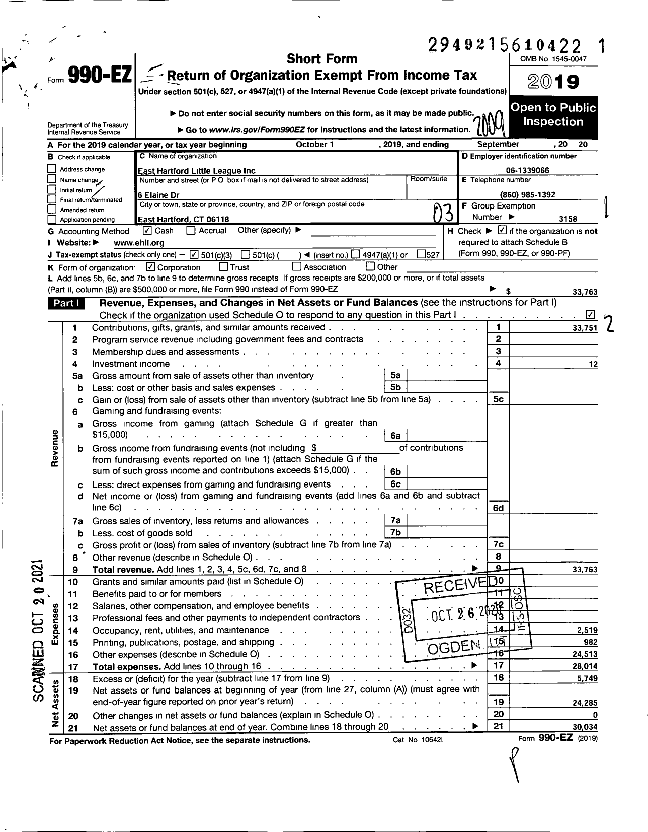 Image of first page of 2019 Form 990EZ for Little League Baseball - 2070703 East Hartford LL