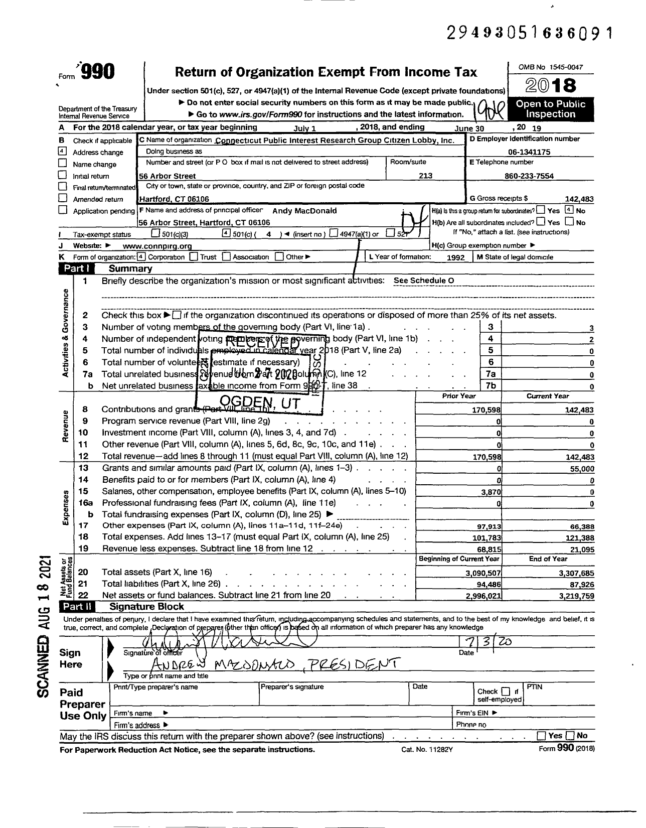 Image of first page of 2018 Form 990O for Connpirg Citizen Lobby