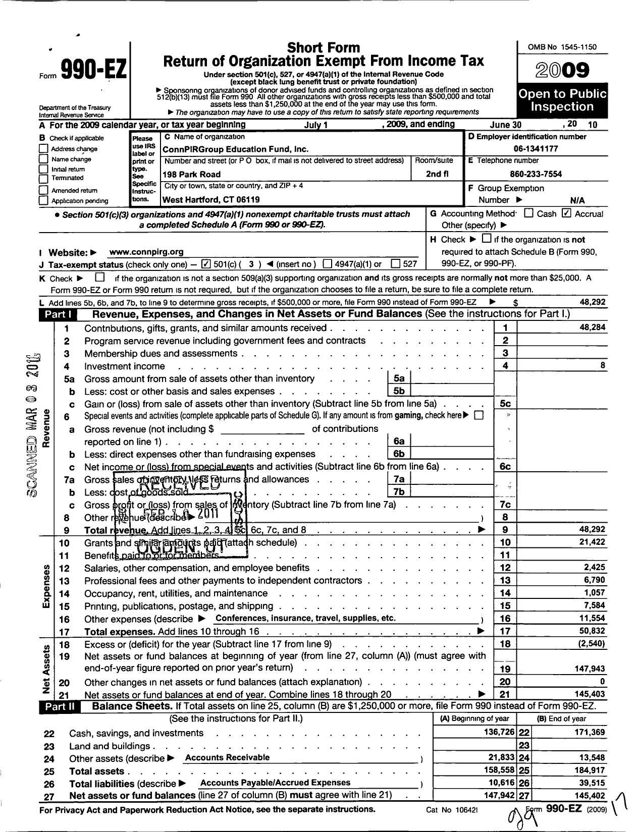 Image of first page of 2009 Form 990EZ for Connpirg Education Fund