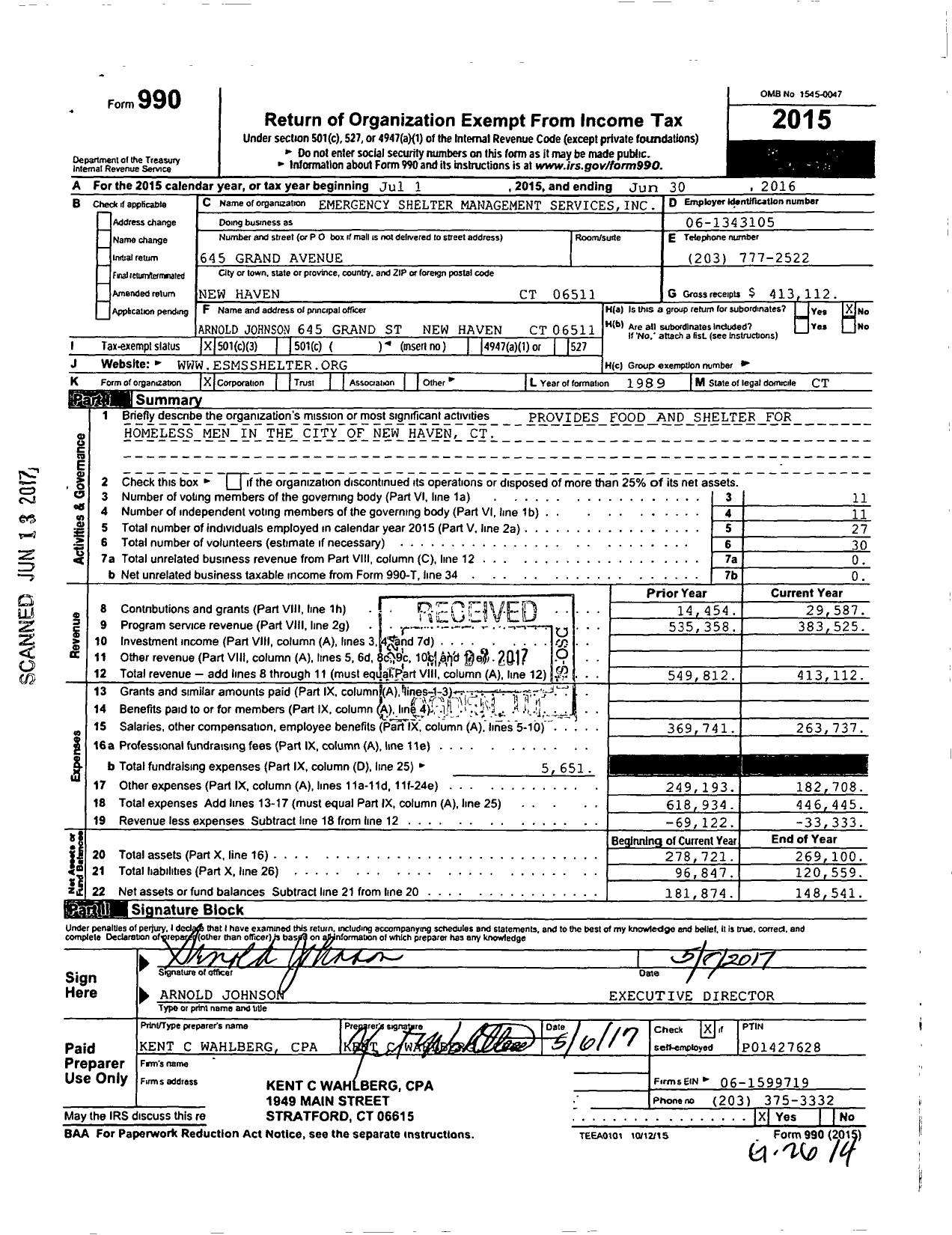 Image of first page of 2015 Form 990 for Emergency Shelter Management Services