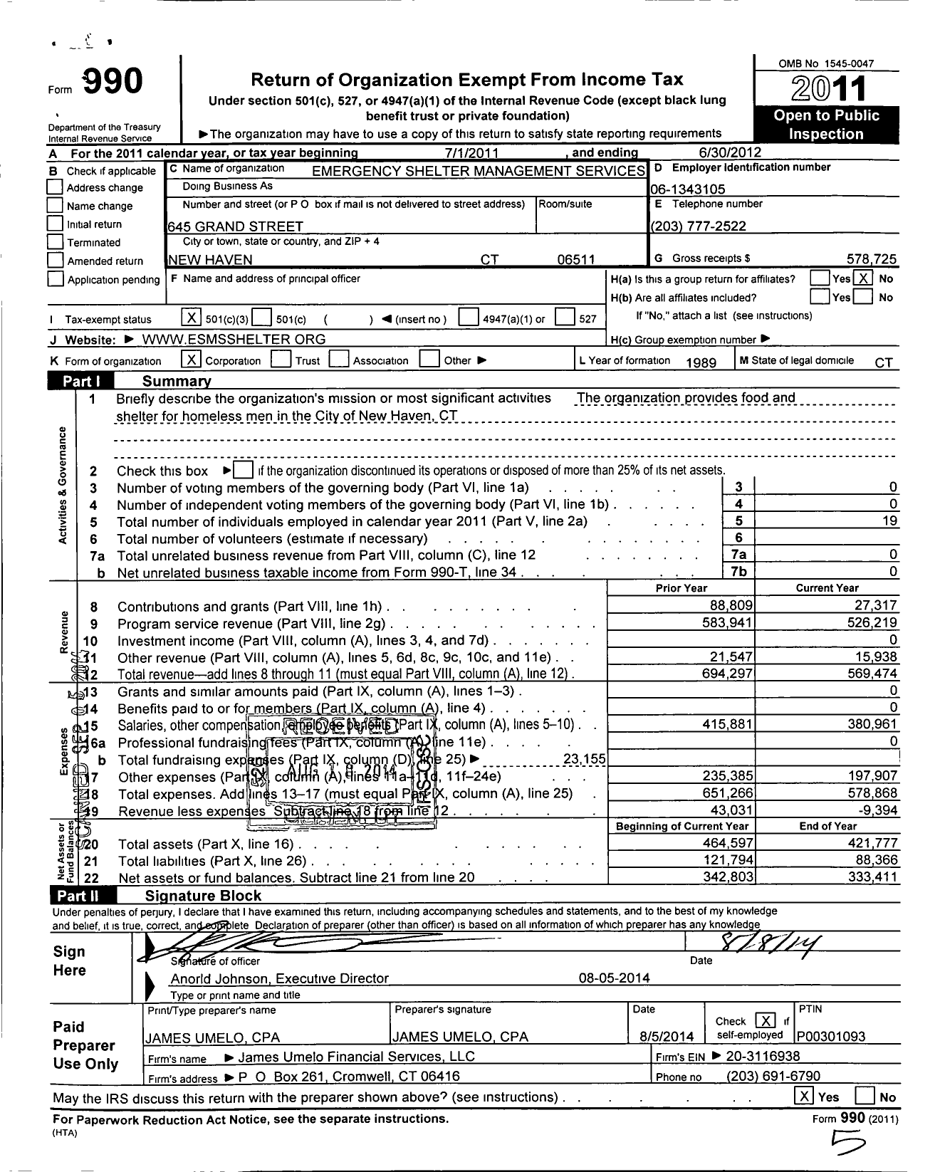 Image of first page of 2011 Form 990 for Emergency Shelter Management Services