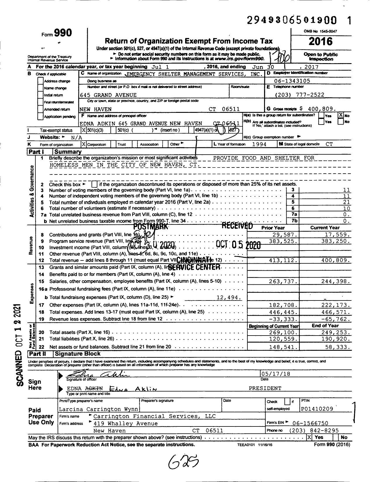 Image of first page of 2016 Form 990 for Emergency Shelter Management Services