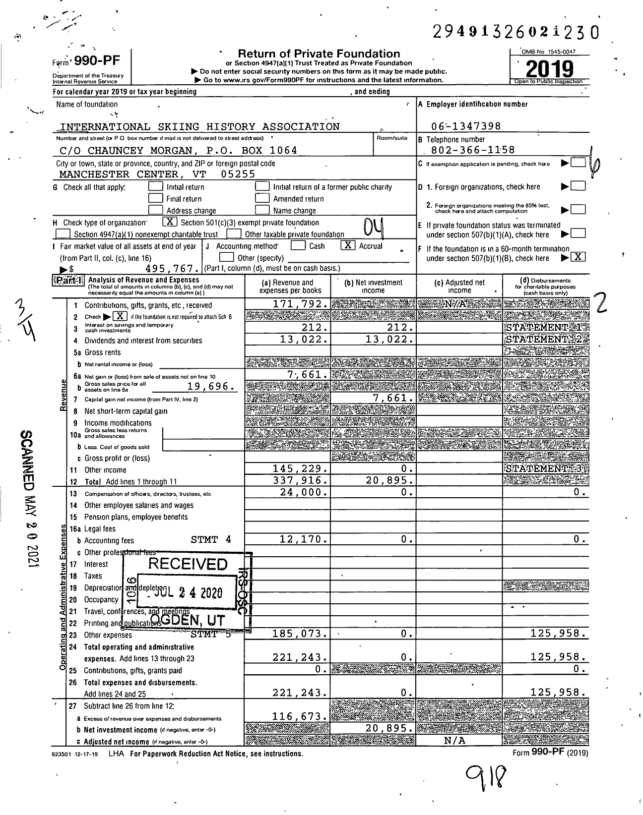 Image of first page of 2019 Form 990PF for International Skiing History Association