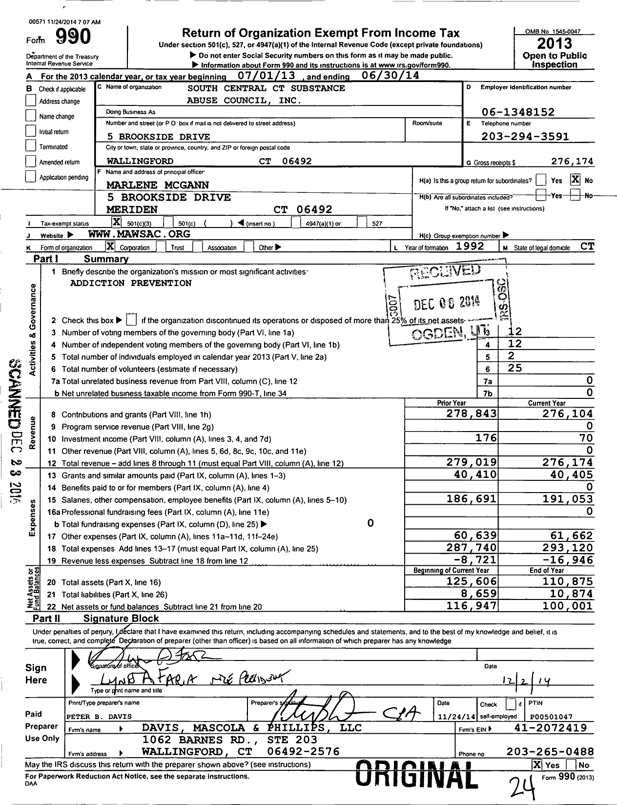 Image of first page of 2013 Form 990 for South Central CT Substance Abuse Council