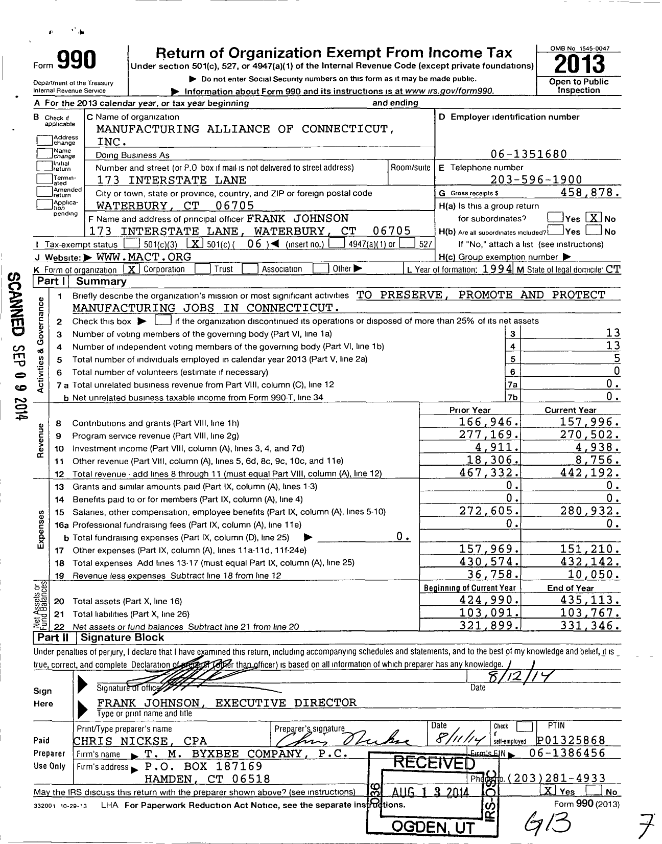 Image of first page of 2013 Form 990O for Manufacturing Alliance of Connecticut