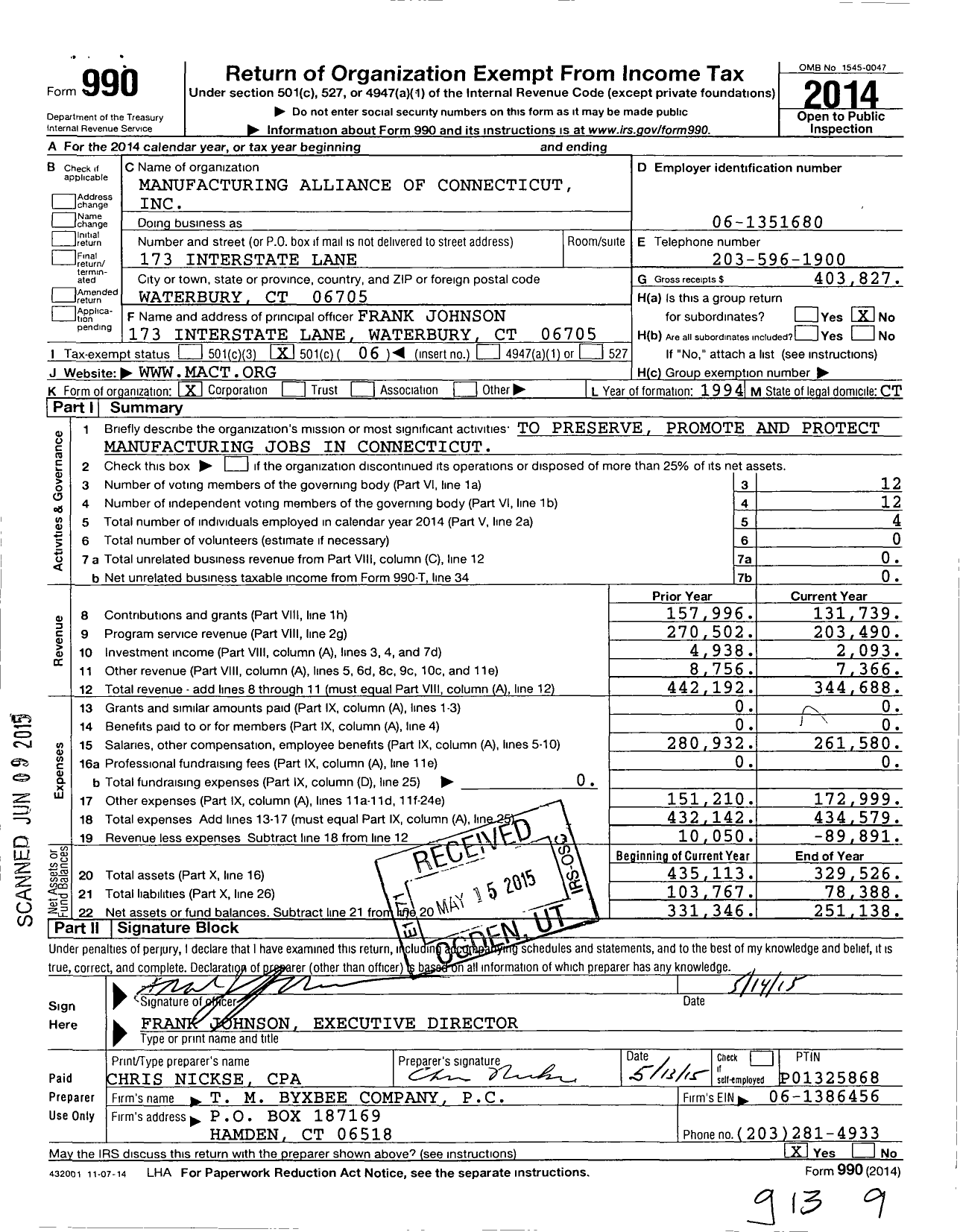 Image of first page of 2014 Form 990O for Manufacturing Alliance of Connecticut