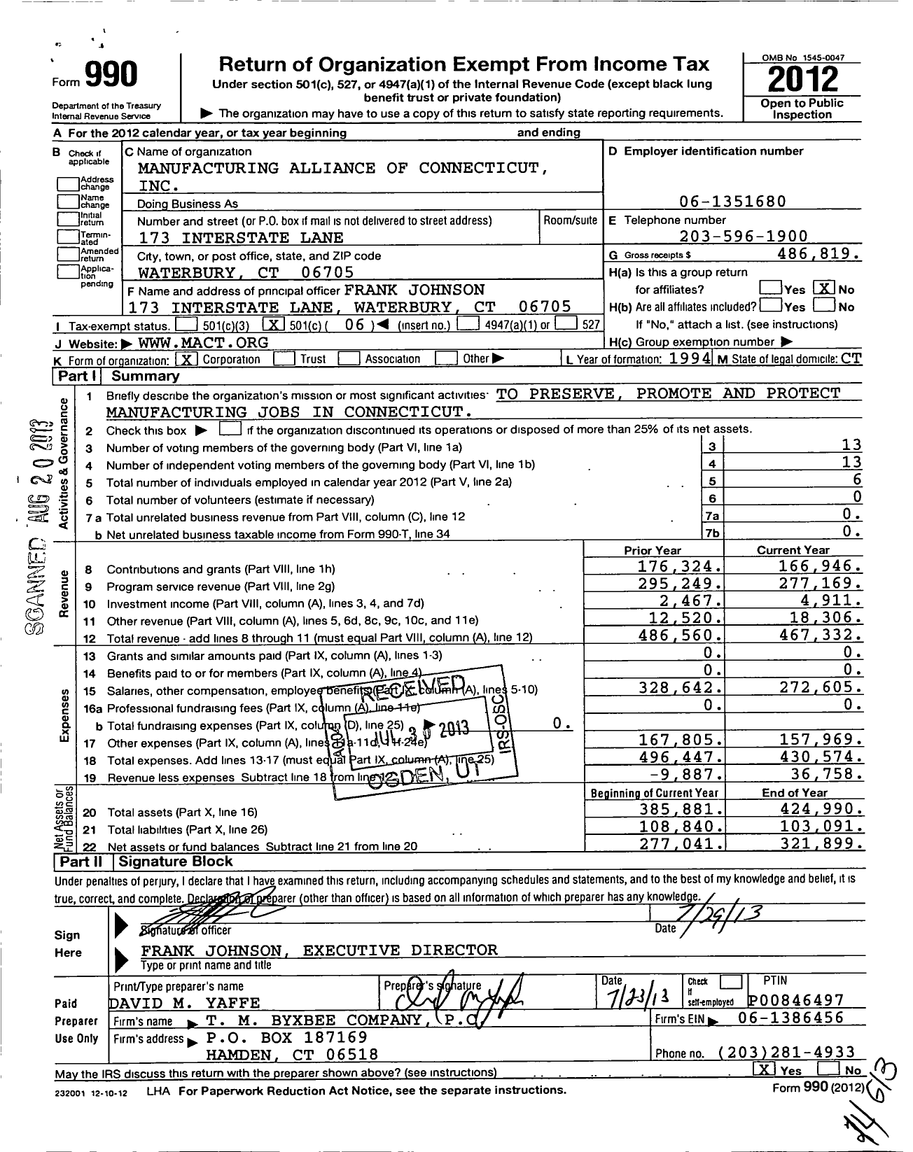 Image of first page of 2012 Form 990O for Manufacturing Alliance of Connecticut