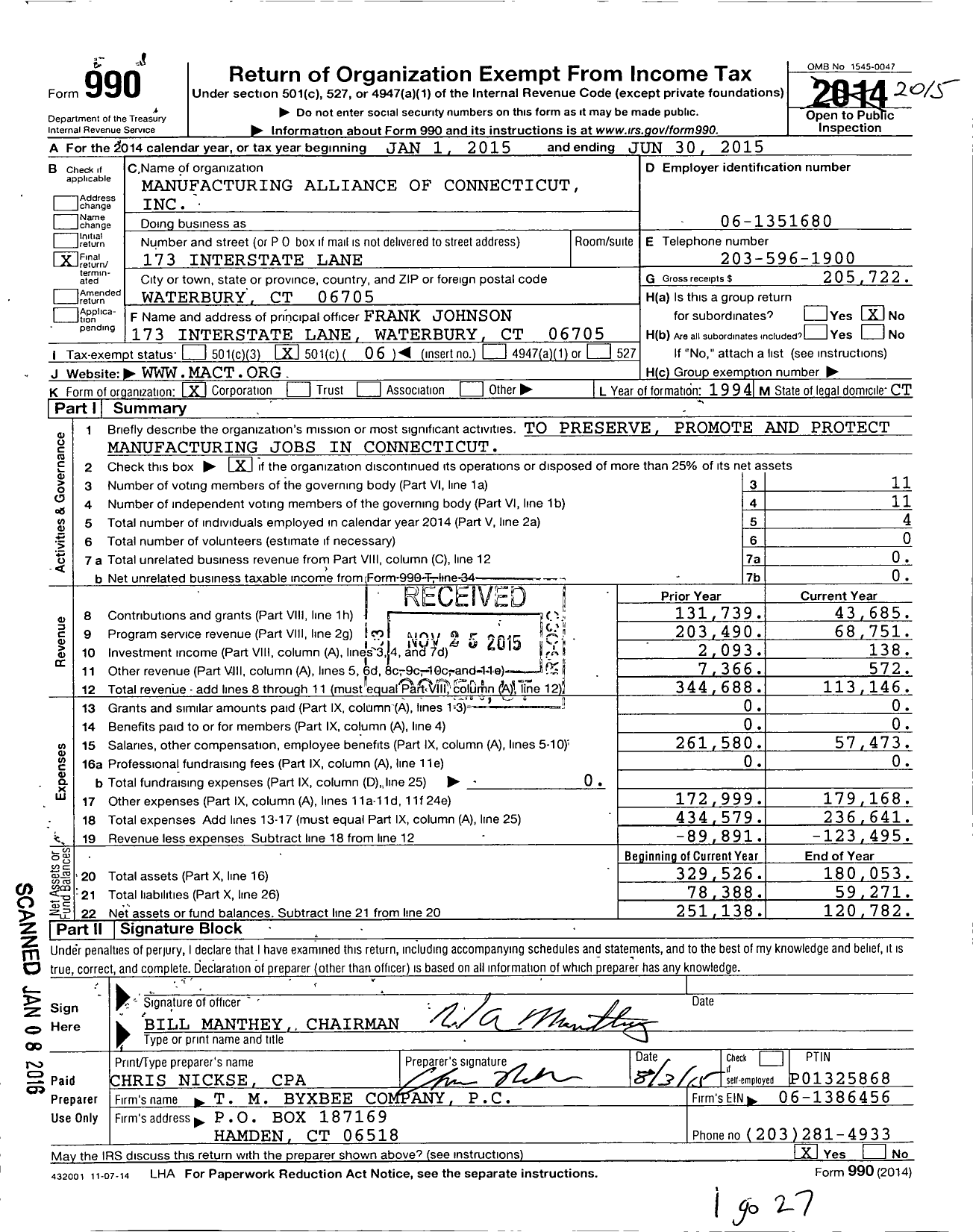 Image of first page of 2014 Form 990O for Manufacturing Alliance of Connecticut