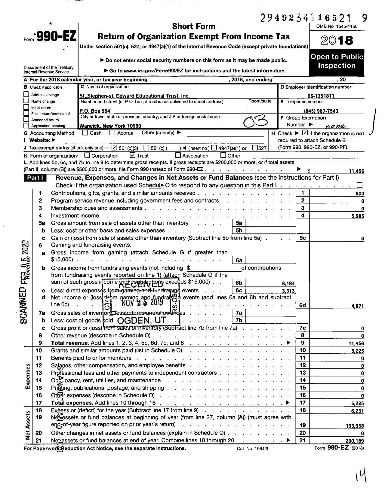 Image of first page of 2018 Form 990EZ for St Stephen - St Edward Educational Trust