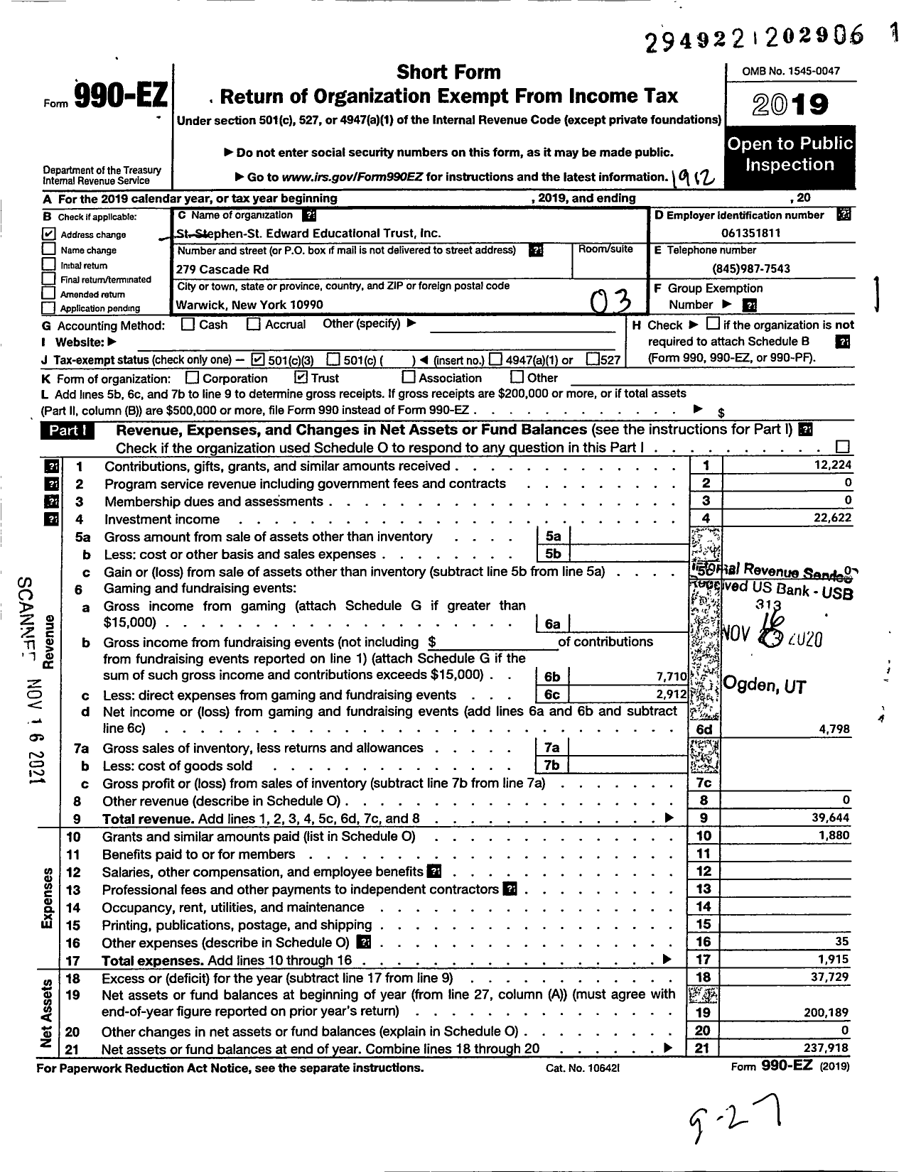 Image of first page of 2019 Form 990EZ for St Stephen - St Edward Educational Trust