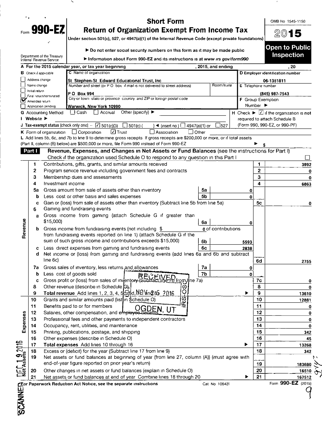 Image of first page of 2015 Form 990EZ for St Stephen - St Edward Educational Trust