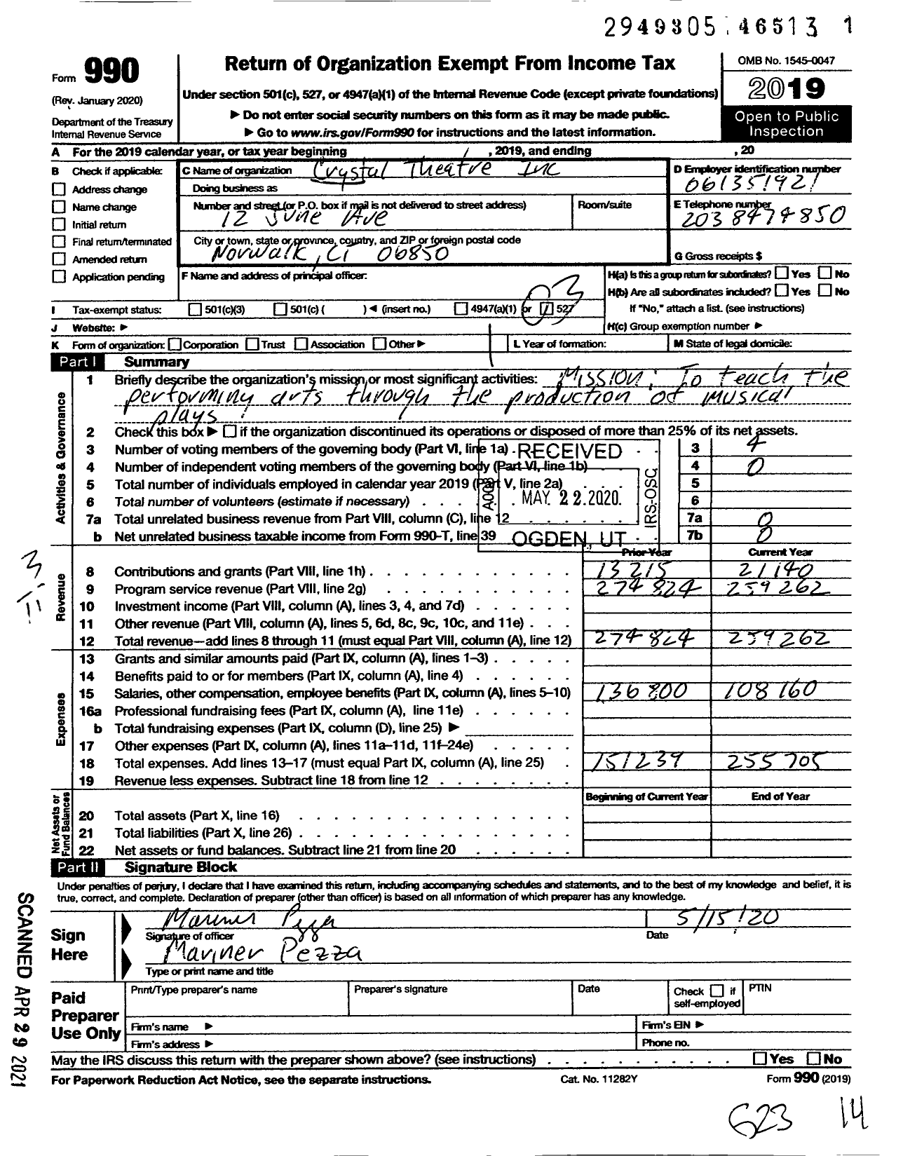 Image of first page of 2019 Form 990 for Crystal Theatre