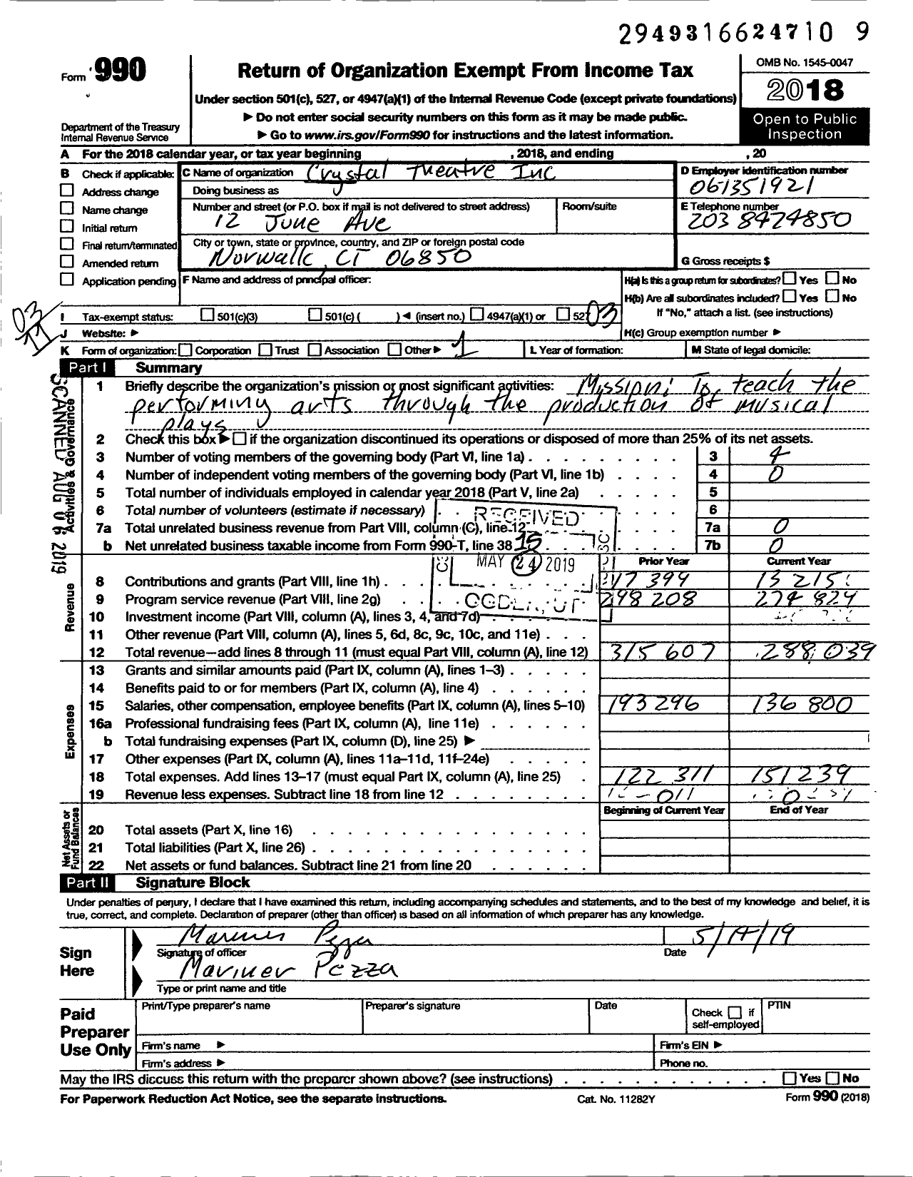 Image of first page of 2018 Form 990 for Crystal Theatre