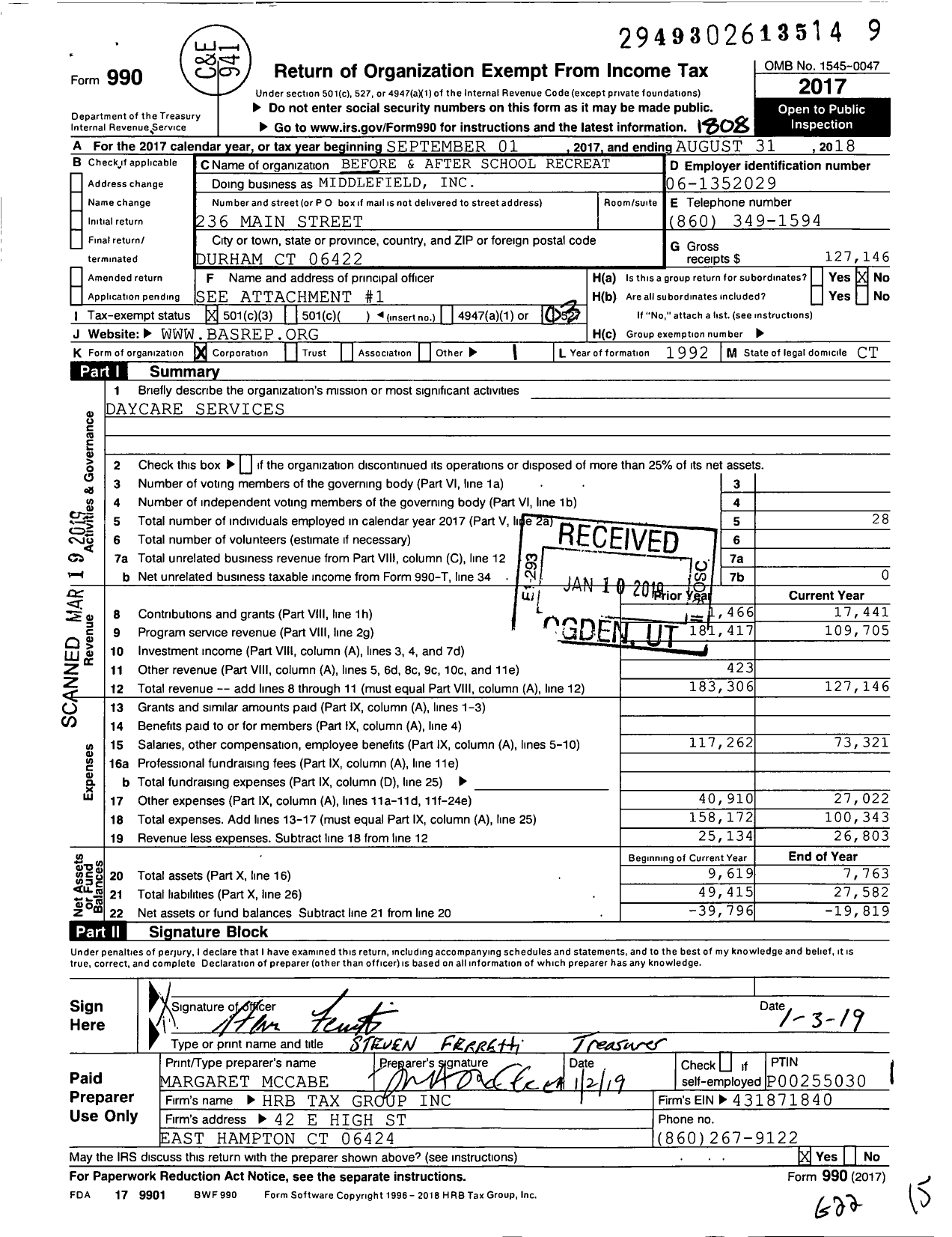 Image of first page of 2017 Form 990 for Before and After School Recreation and Enrichment Program