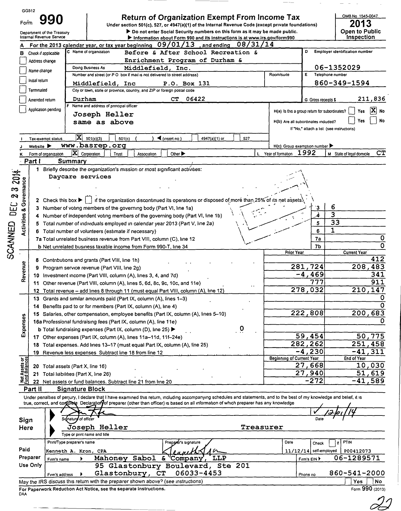 Image of first page of 2013 Form 990 for Before and After School Recreation and Enrichment Program