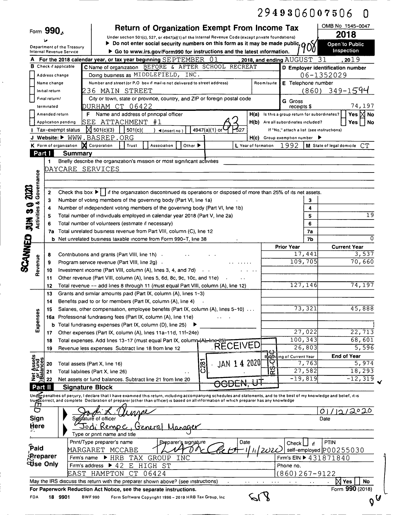 Image of first page of 2018 Form 990 for Before and After School Recreation and Enrichment Program