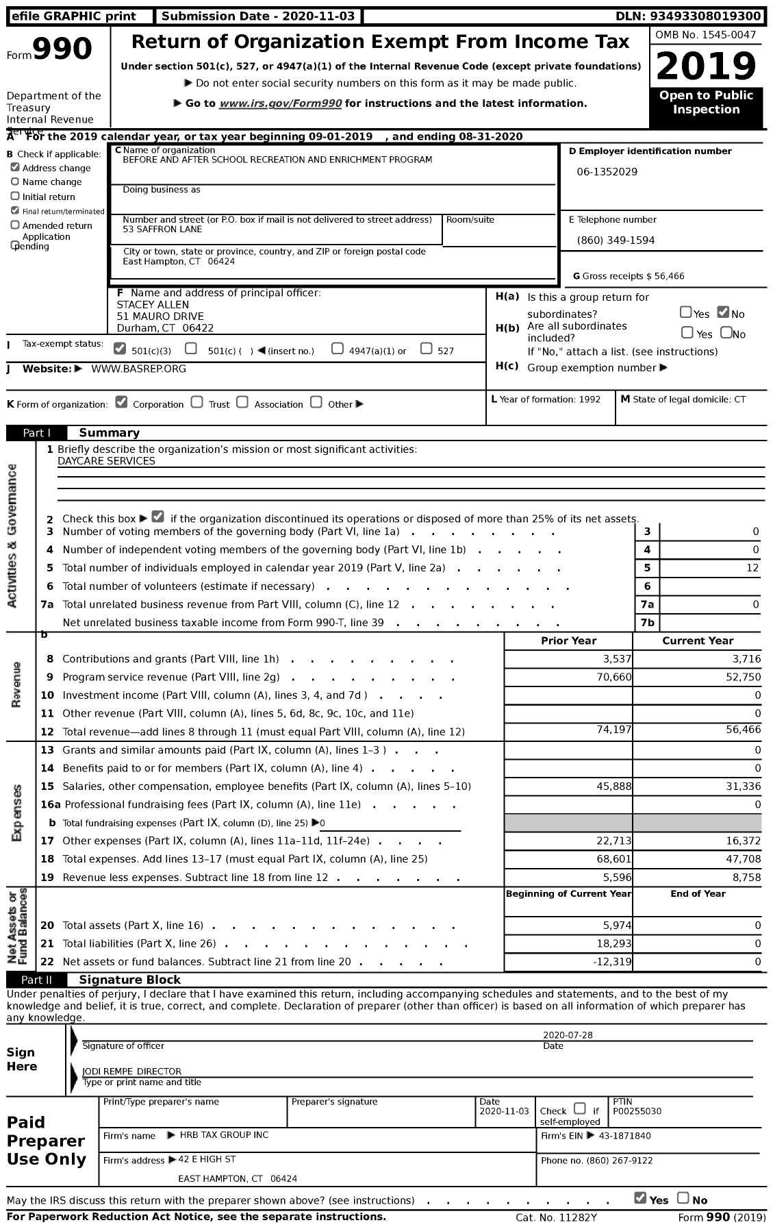 Image of first page of 2019 Form 990 for Before and After School Recreation and Enrichment Program