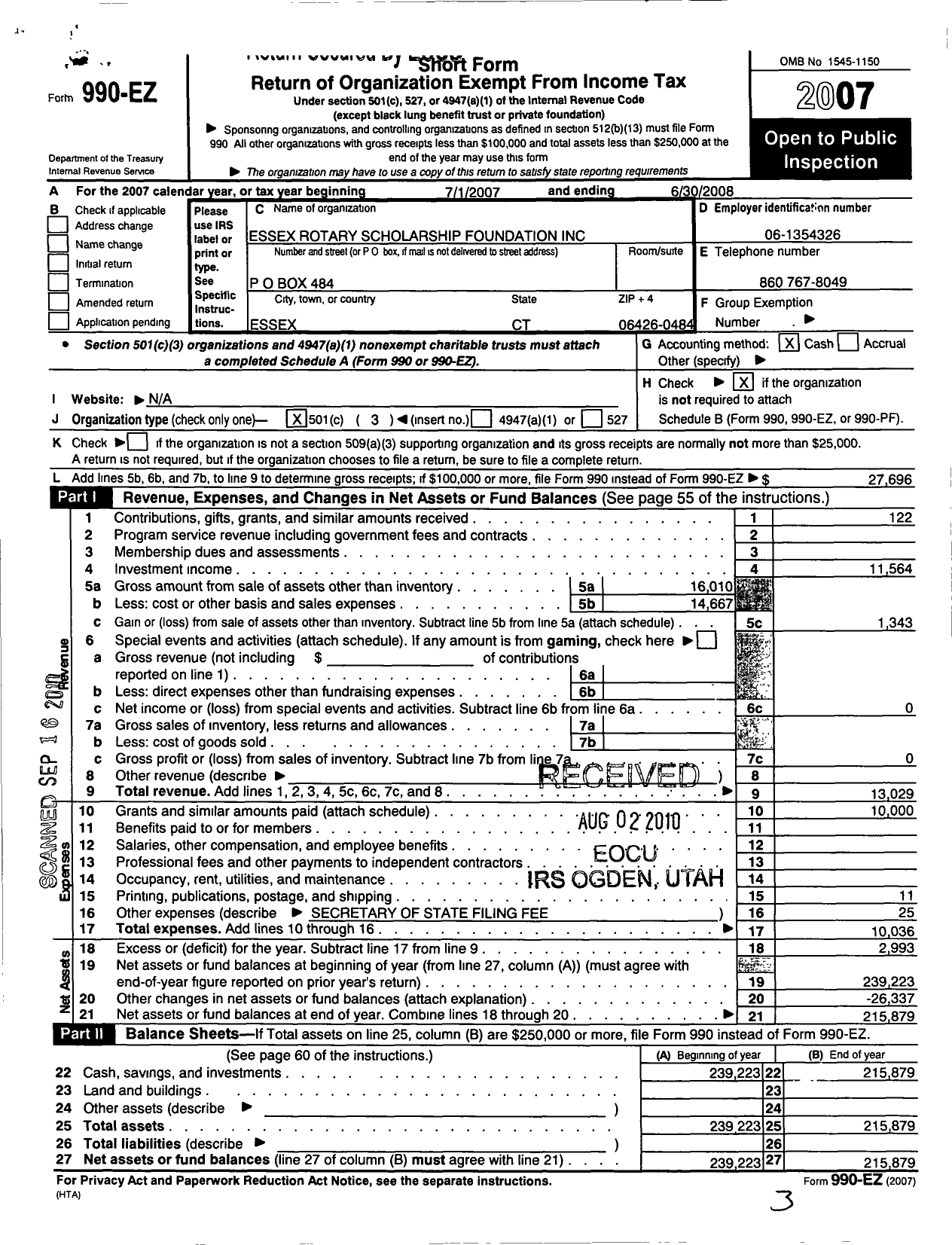 Image of first page of 2007 Form 990EZ for Essex Rotary Scholarship Foundation