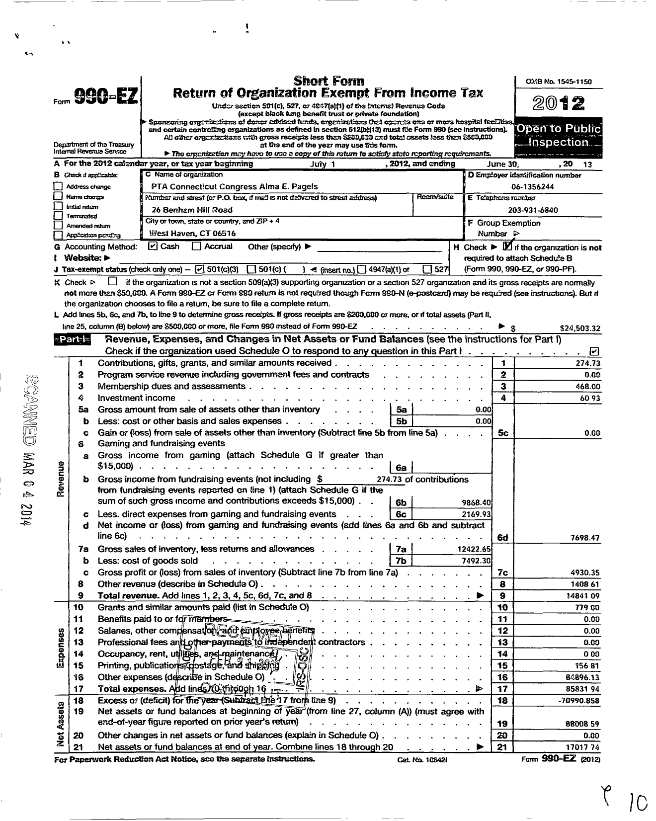 Image of first page of 2012 Form 990EZ for CT PTA - Alma E Pagels PTA