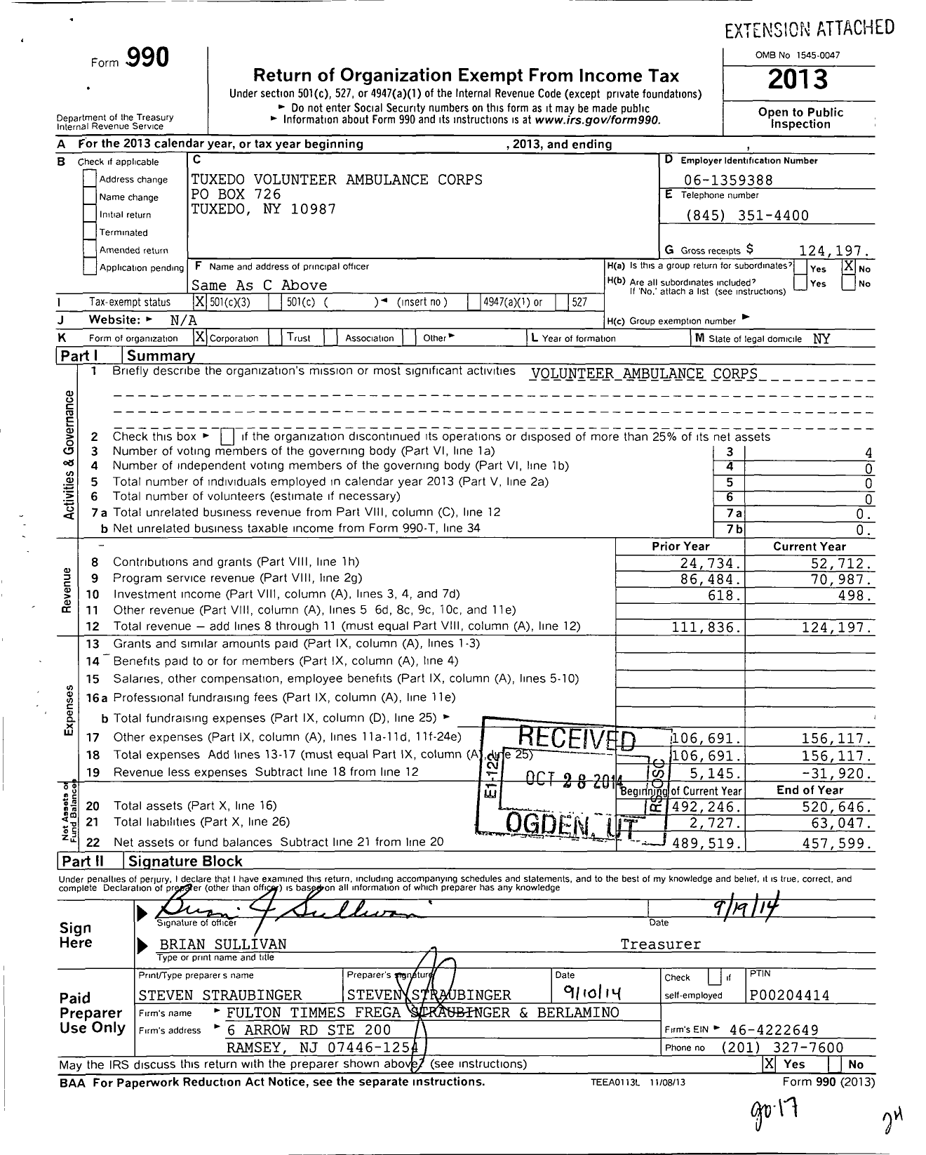 Image of first page of 2013 Form 990 for Tuxedo Volunteer Ambulance Corps