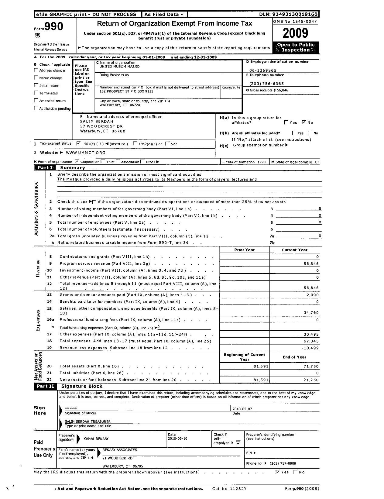 Image of first page of 2009 Form 990 for United Muslim Masjid