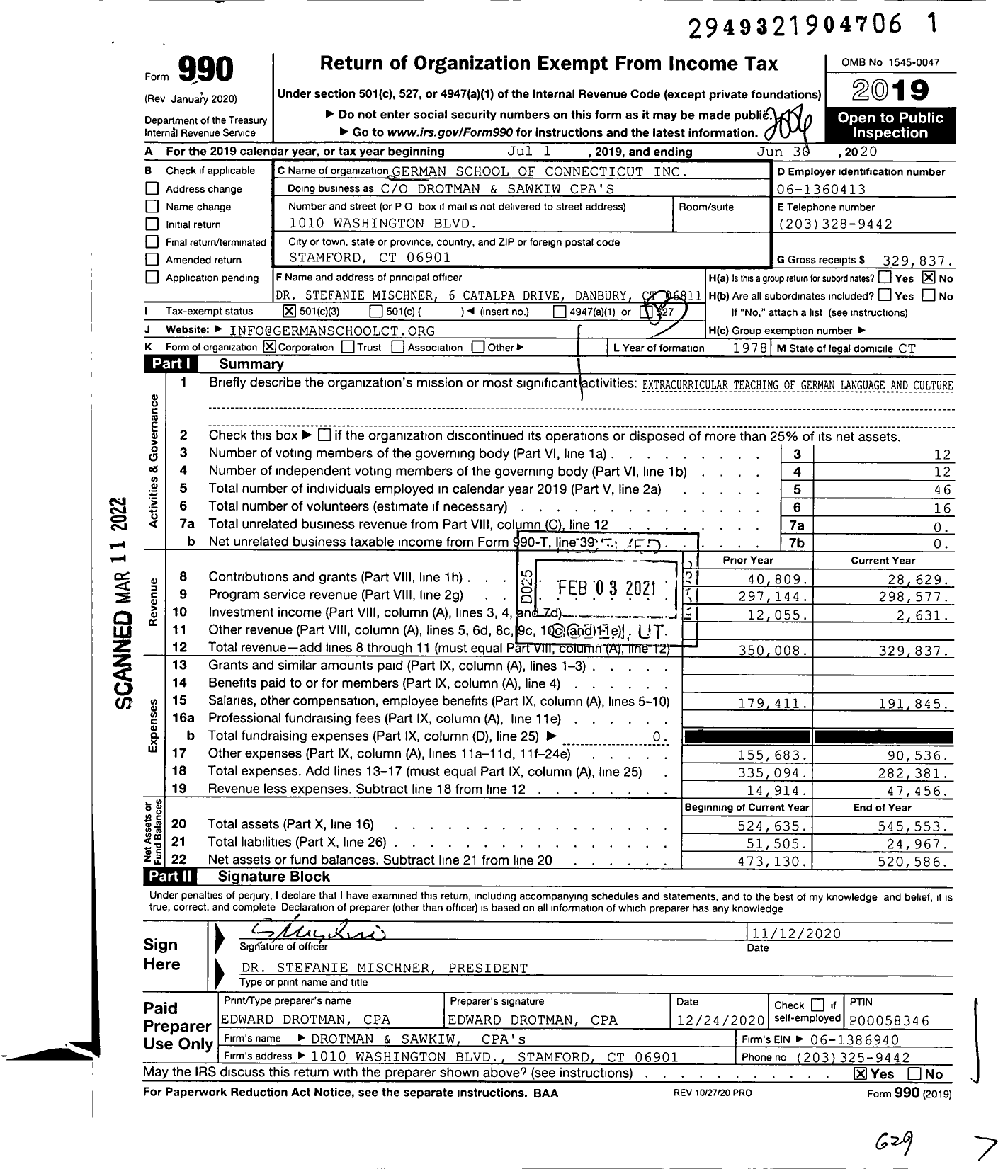 Image of first page of 2019 Form 990 for German School of Connecticut