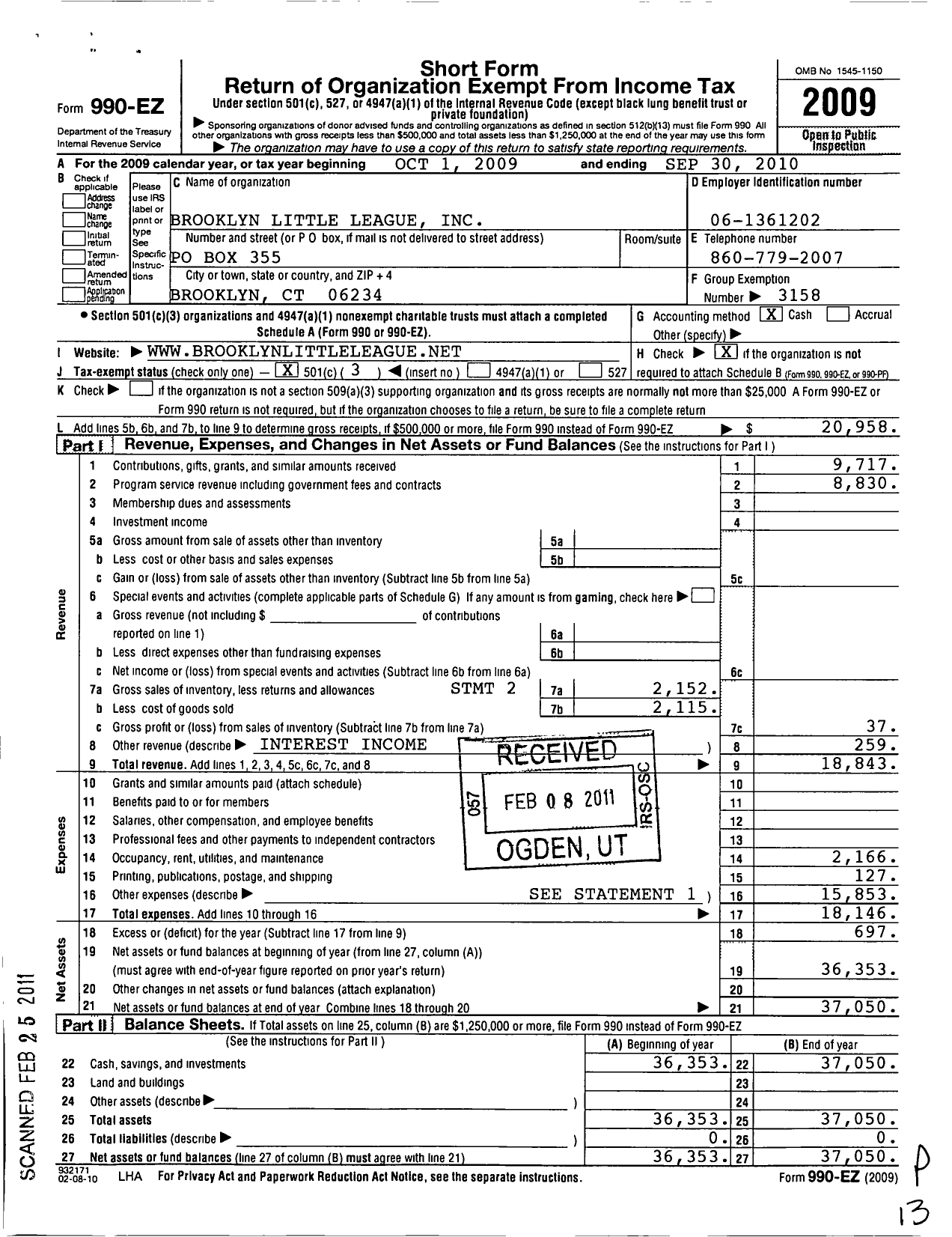 Image of first page of 2009 Form 990EZ for Little League Baseball - 2071113 Brooklyn LL