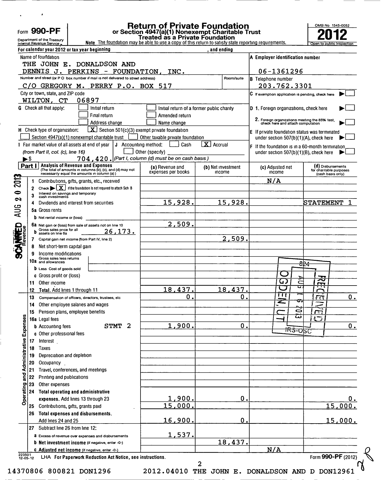 Image of first page of 2012 Form 990PF for The John E Donaldson and Dennis J Perkins - Foundation