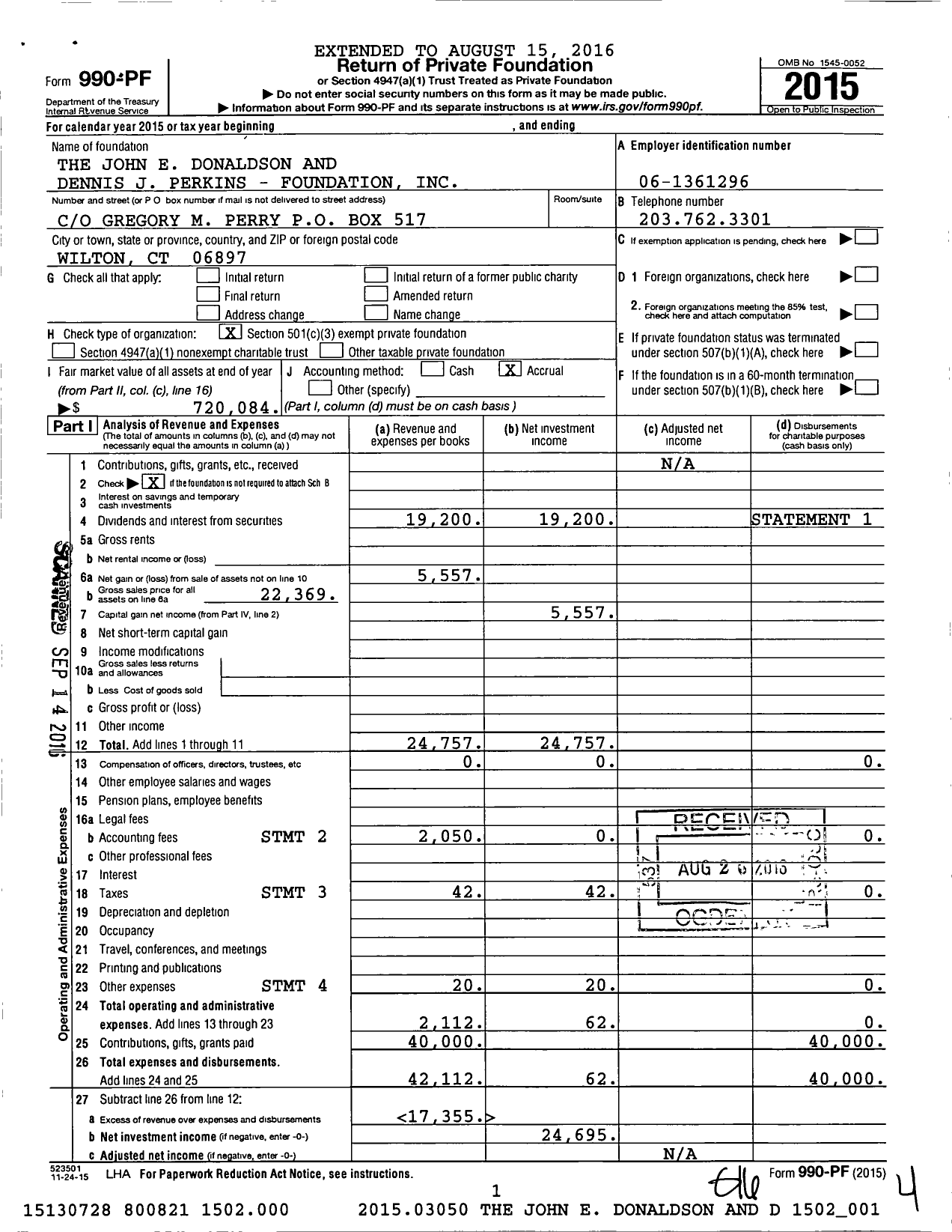 Image of first page of 2015 Form 990PF for The John E Donaldson and Dennis J Perkins - Foundation