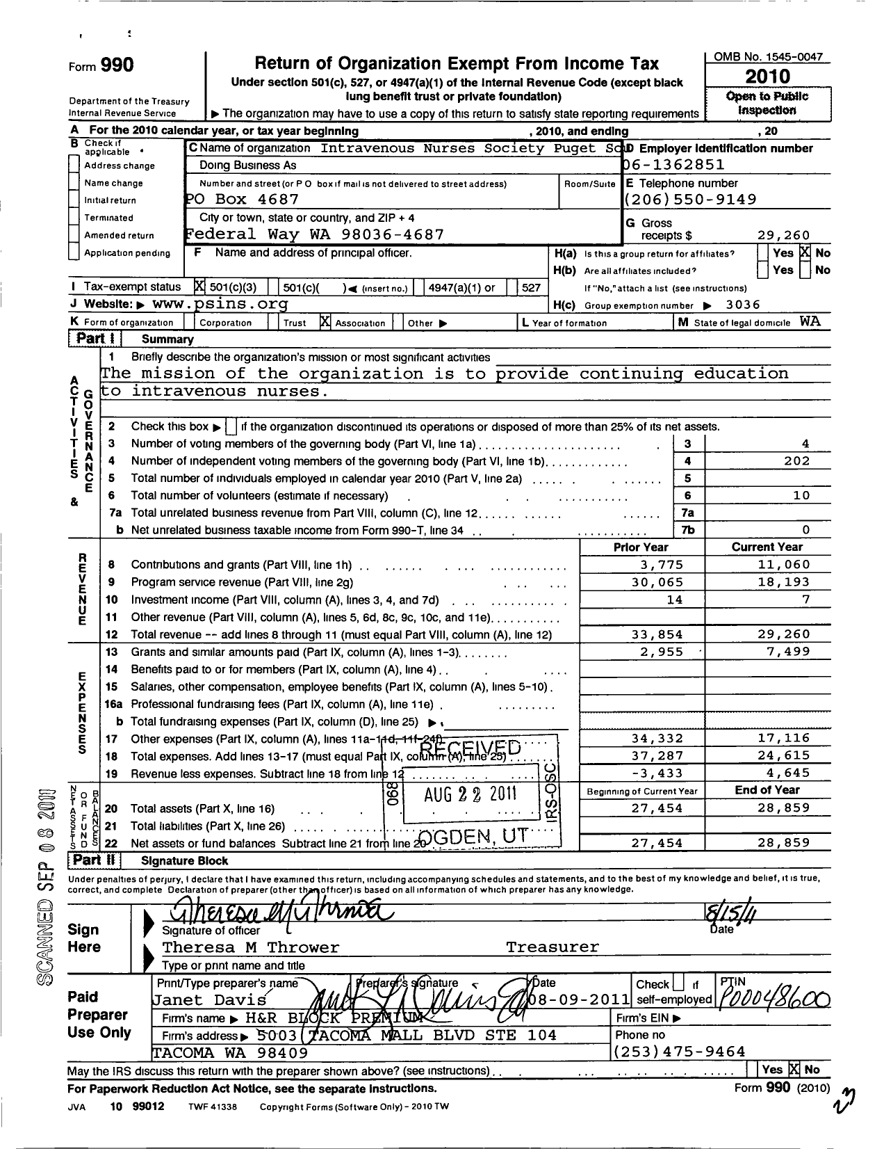 Image of first page of 2010 Form 990 for Puget Sound Chapter Ins