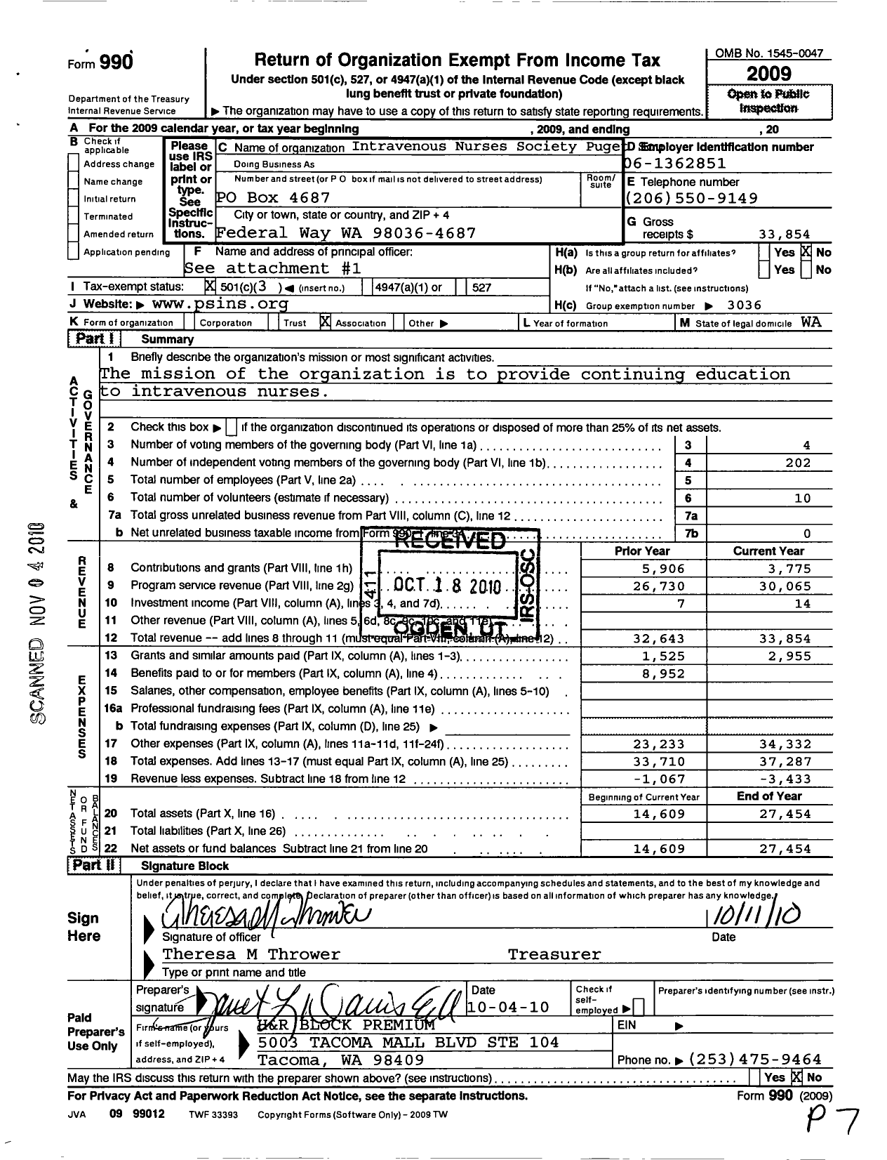 Image of first page of 2009 Form 990 for Puget Sound Chapter Ins