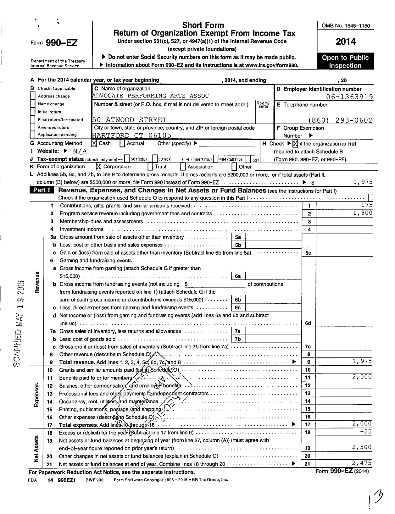 Image of first page of 2014 Form 990EO for Advocate Performing Arts Association