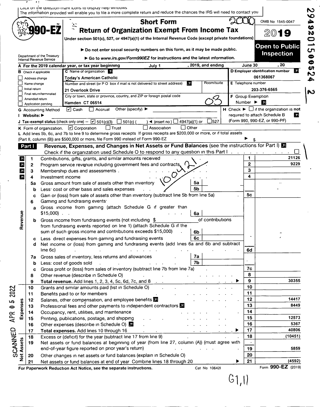 Image of first page of 2019 Form 990EZ for Todays American Catholic