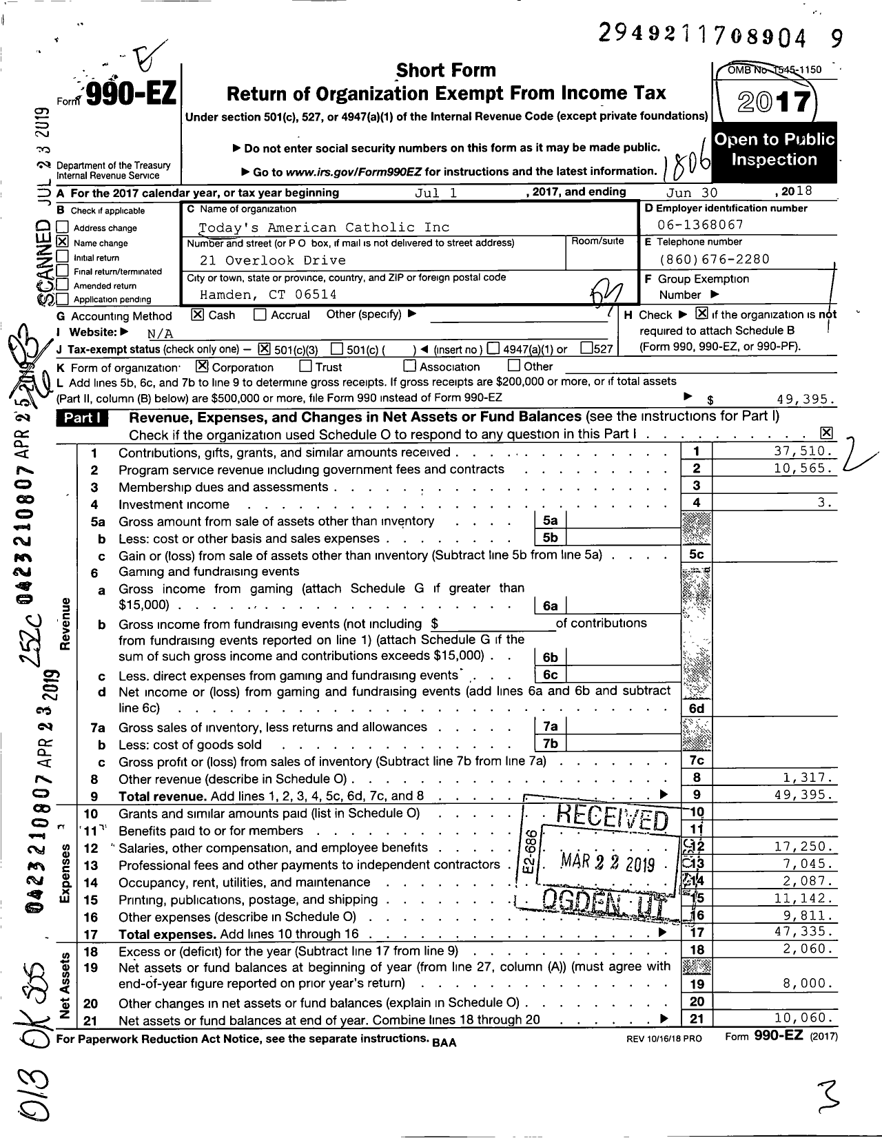 Image of first page of 2017 Form 990EZ for Todays American Catholic