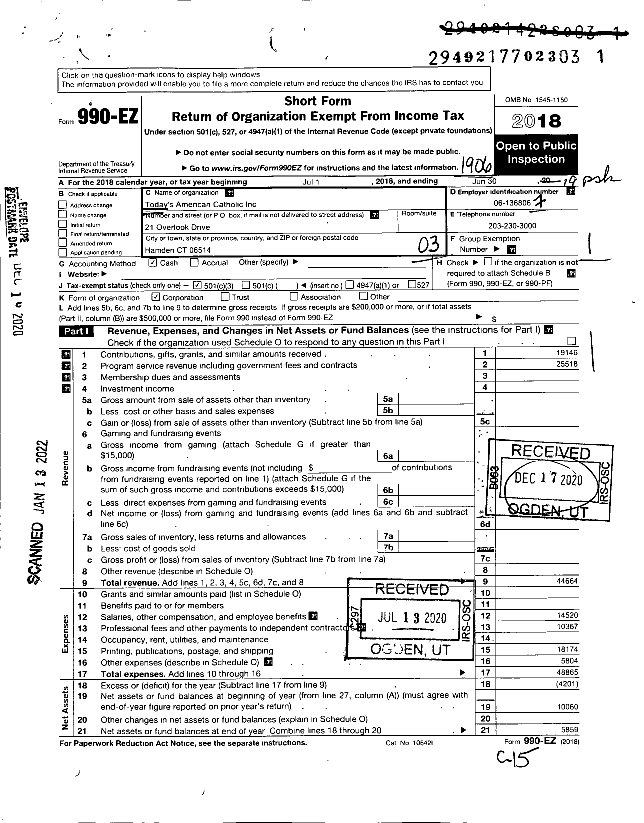 Image of first page of 2018 Form 990EZ for Todays American Catholic