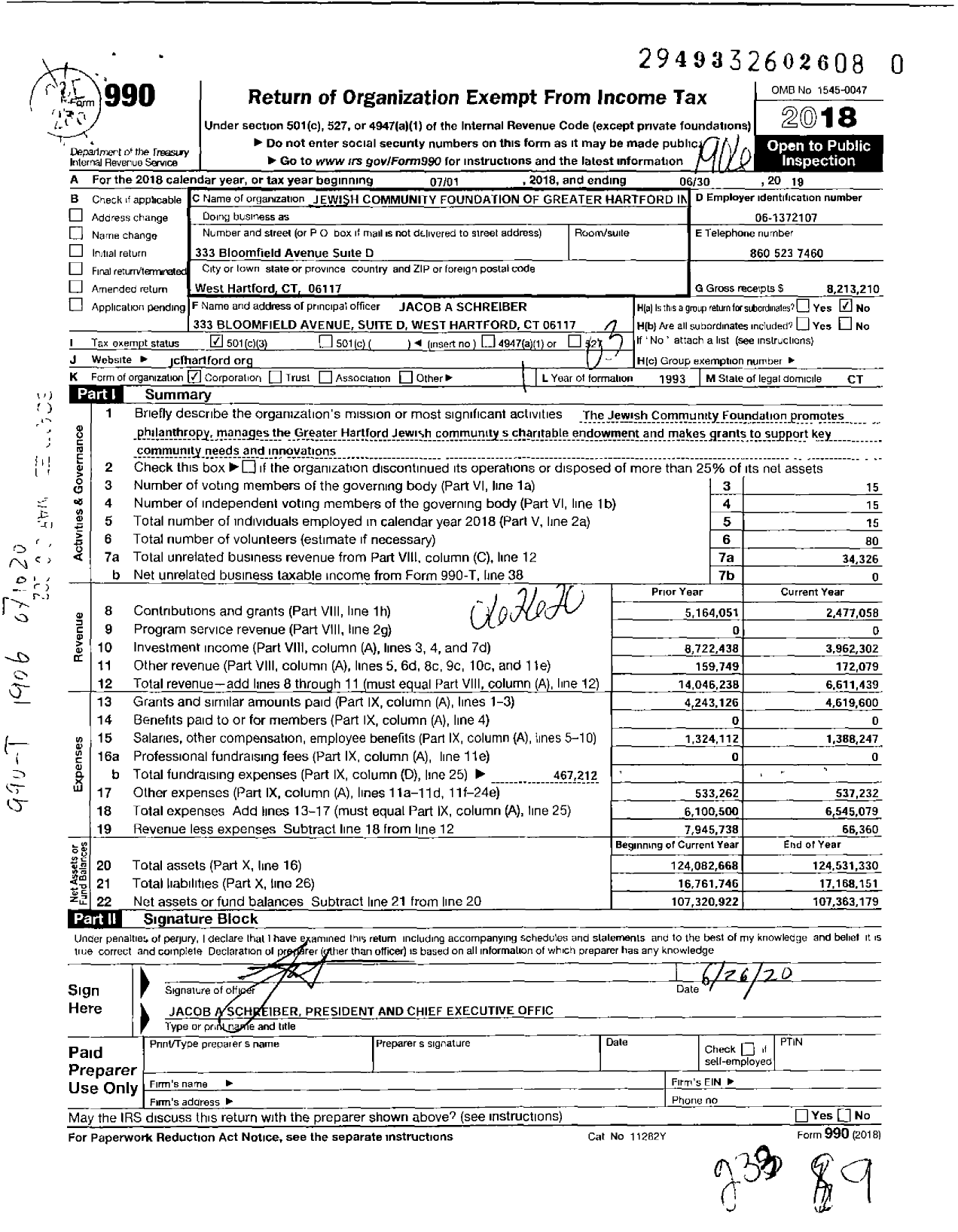 Image of first page of 2018 Form 990 for Jewish Community Foundation of Greater Hartford