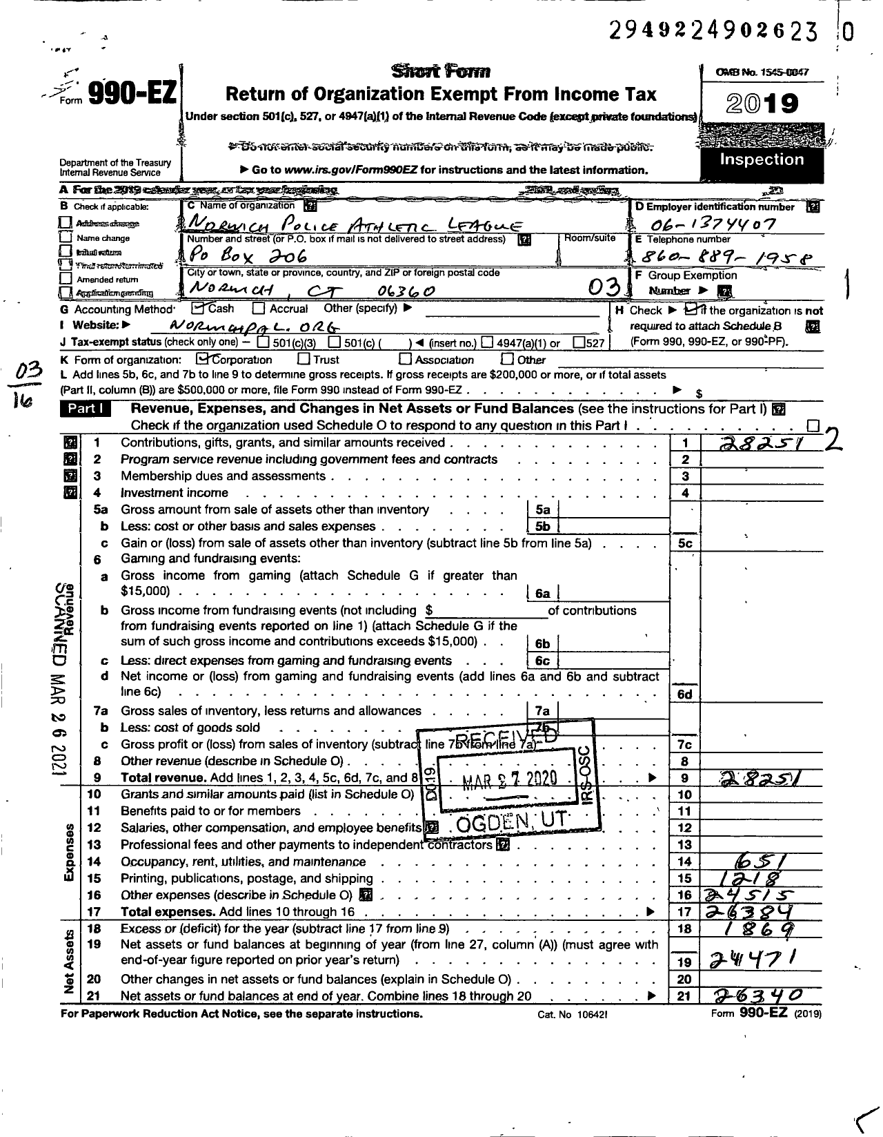 Image of first page of 2019 Form 990EZ for Norwich Police Athletic League