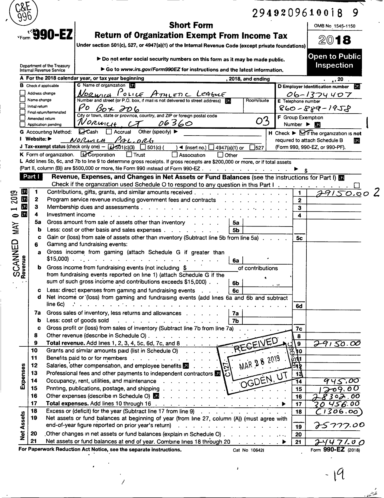 Image of first page of 2018 Form 990EZ for Norwich Police Athletic League