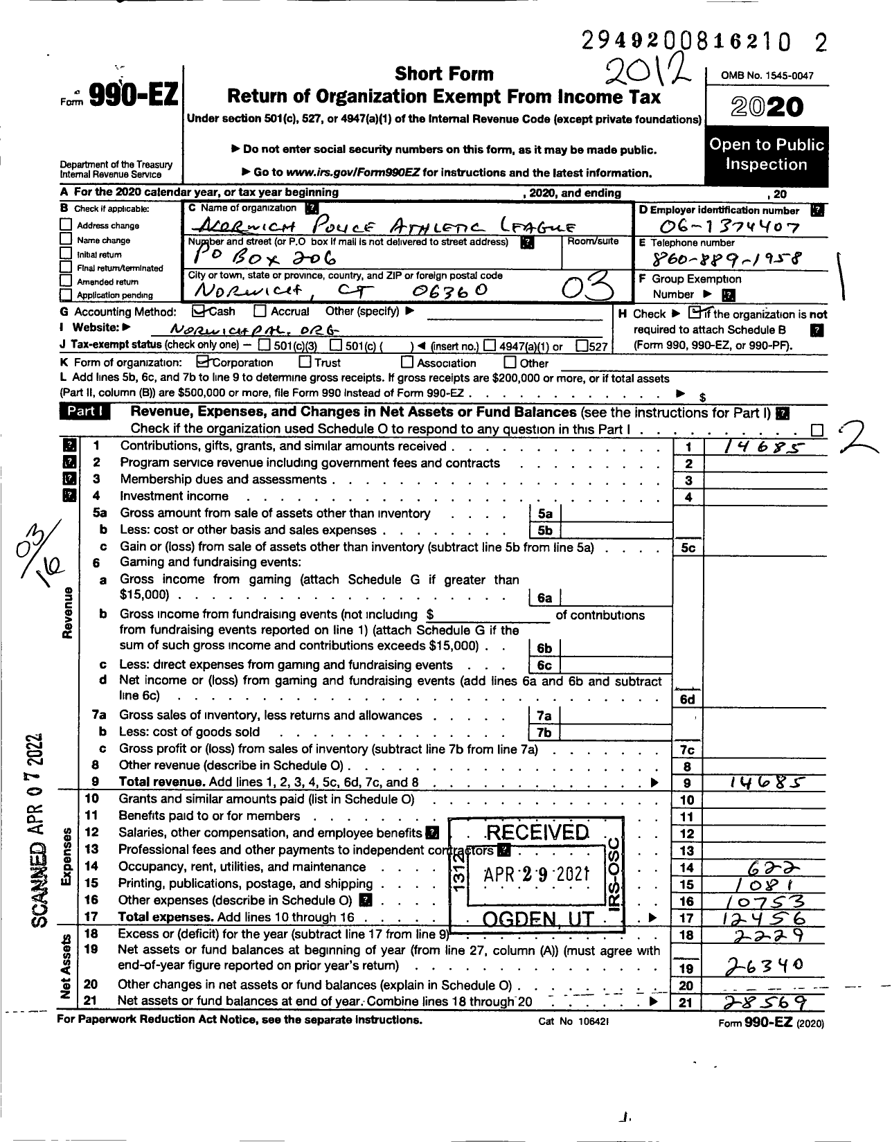 Image of first page of 2020 Form 990EZ for Norwich Police Athletic League