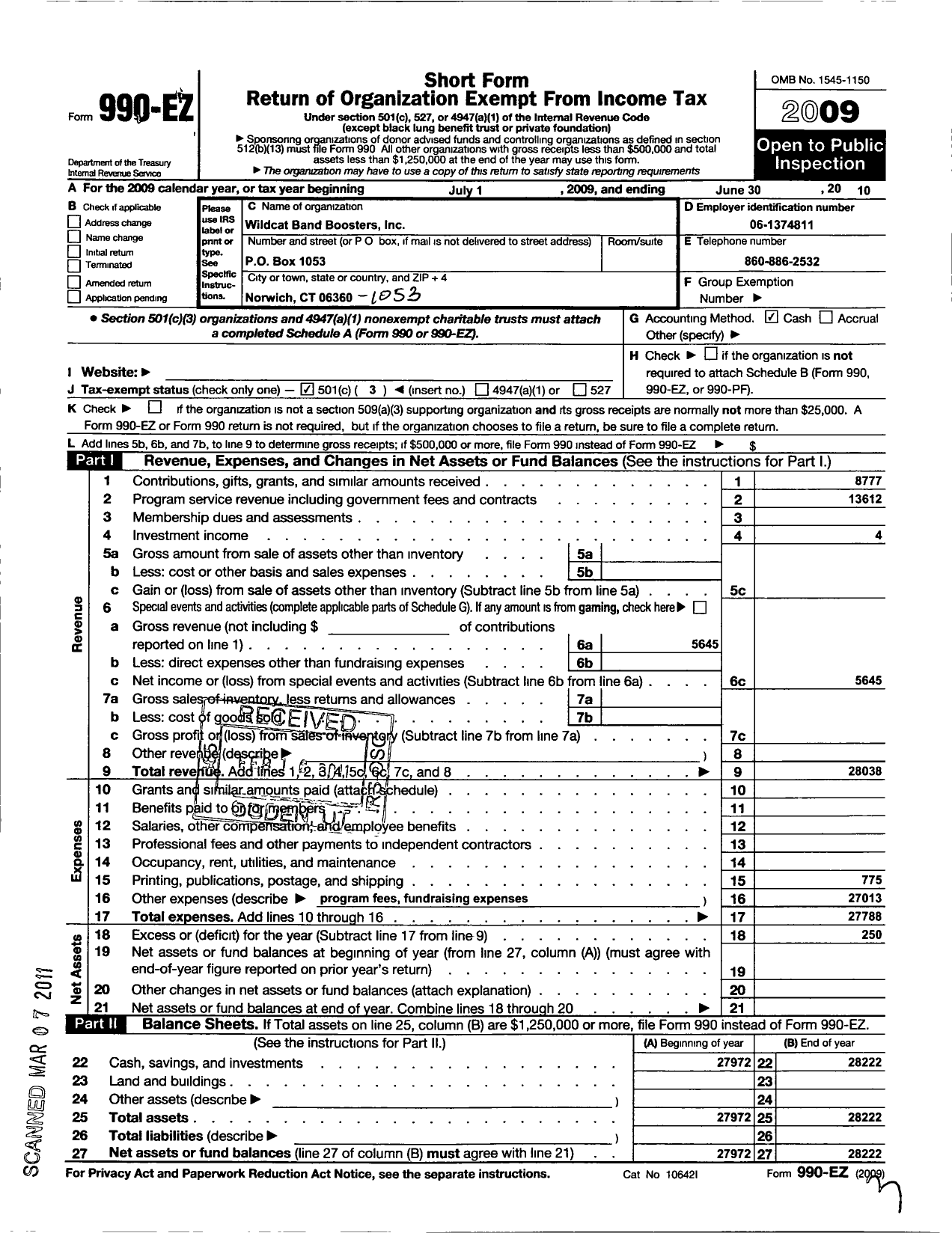 Image of first page of 2009 Form 990EZ for Wildcat Band Boosters