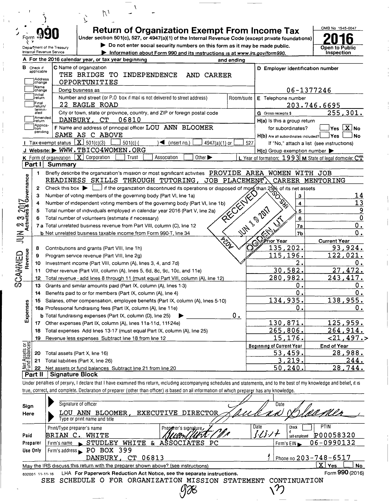 Image of first page of 2016 Form 990 for The Bridge to Independence And Career Opportunities
