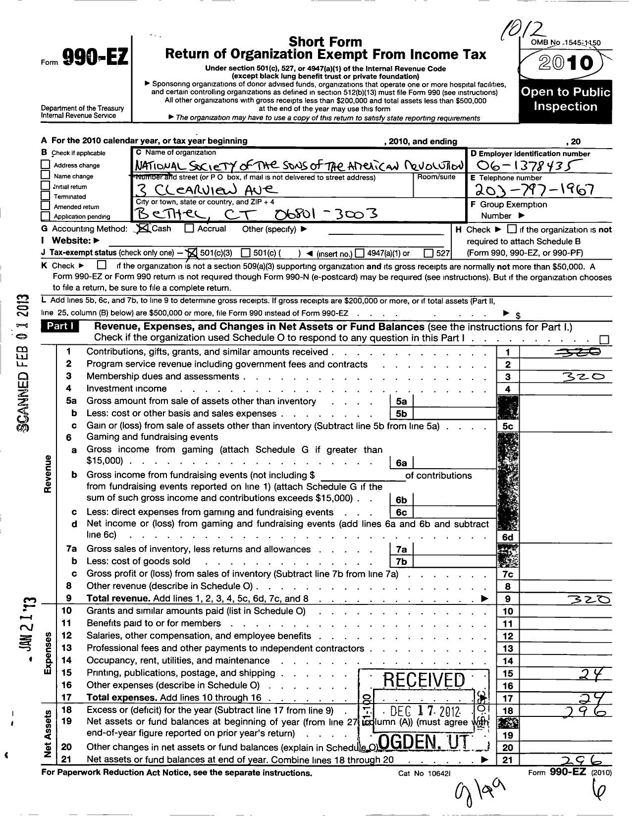 Image of first page of 2010 Form 990EZ for National Society of the Sons of the American Revolution / Rev Ebenezer Baldwin