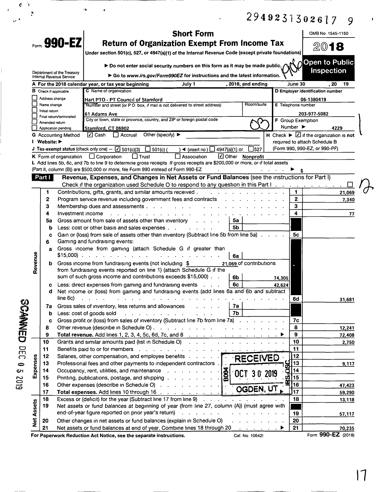 Image of first page of 2018 Form 990EZ for The Parent Teacher Council of Stamford / Hart School Pto